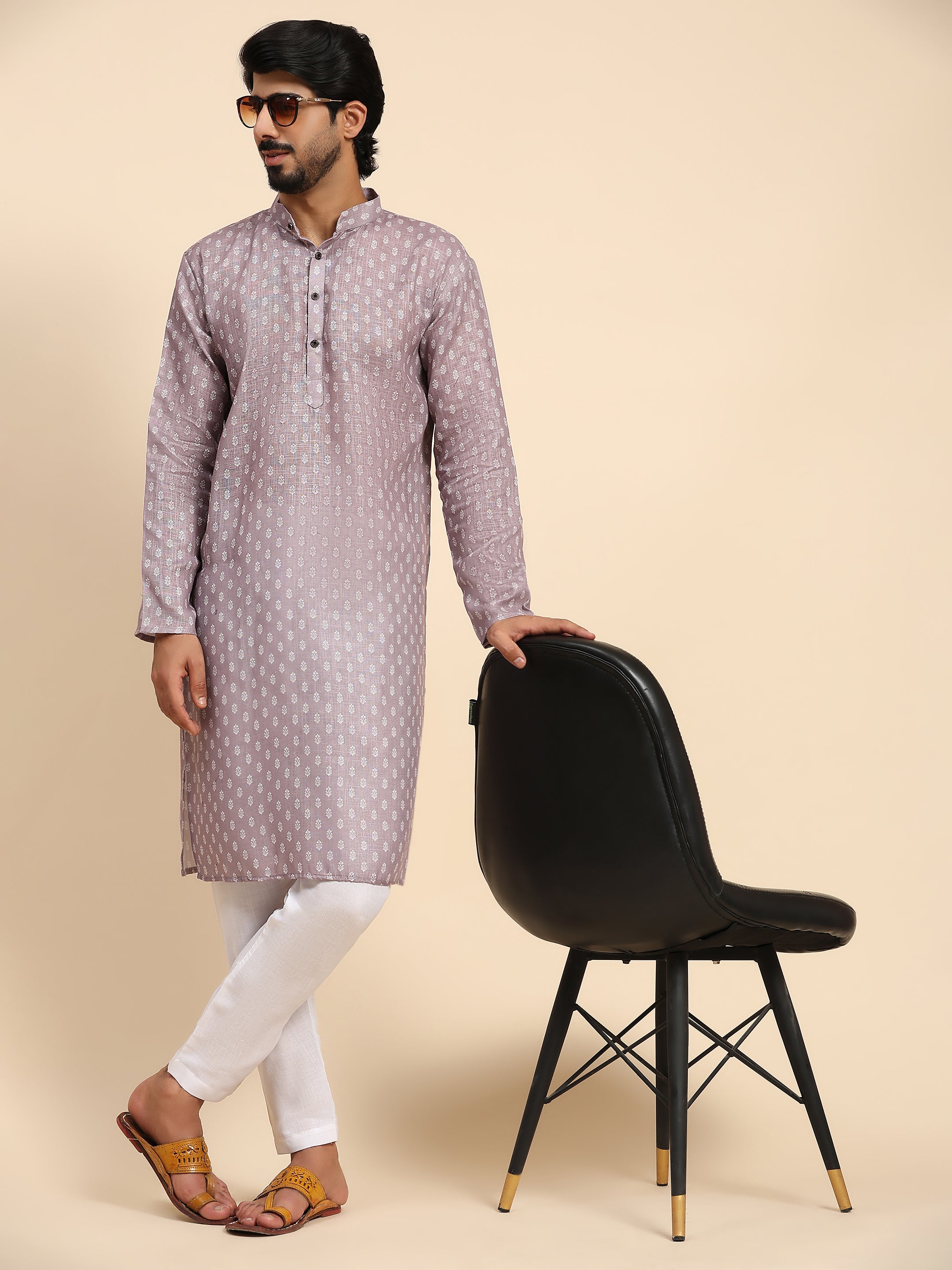 Men's Purple Linen Motif Digital Print Kurta Pajama Set