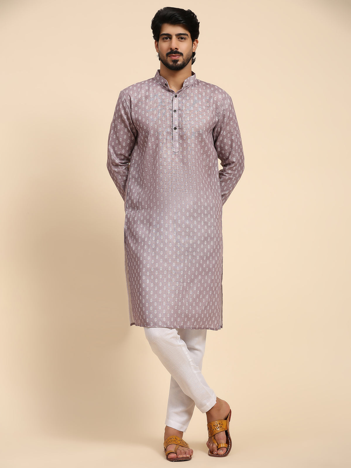 Men's Purple Linen Motif Digital Print Kurta Pajama Set