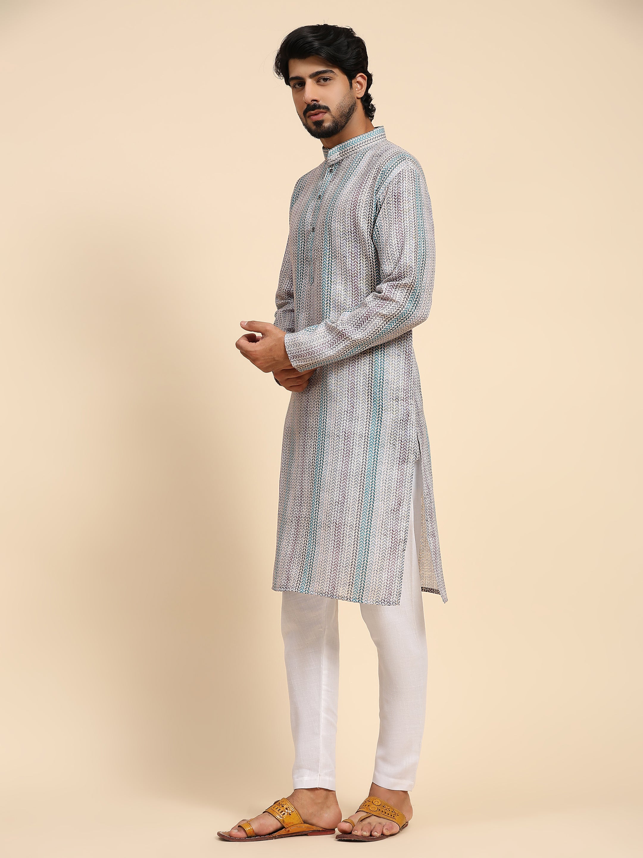 Ensemble pyjama Kurta à imprimé numérique en lin multicolore pour homme