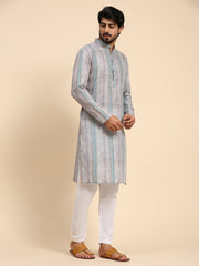 Ensemble pyjama Kurta à imprimé numérique en lin multicolore pour homme