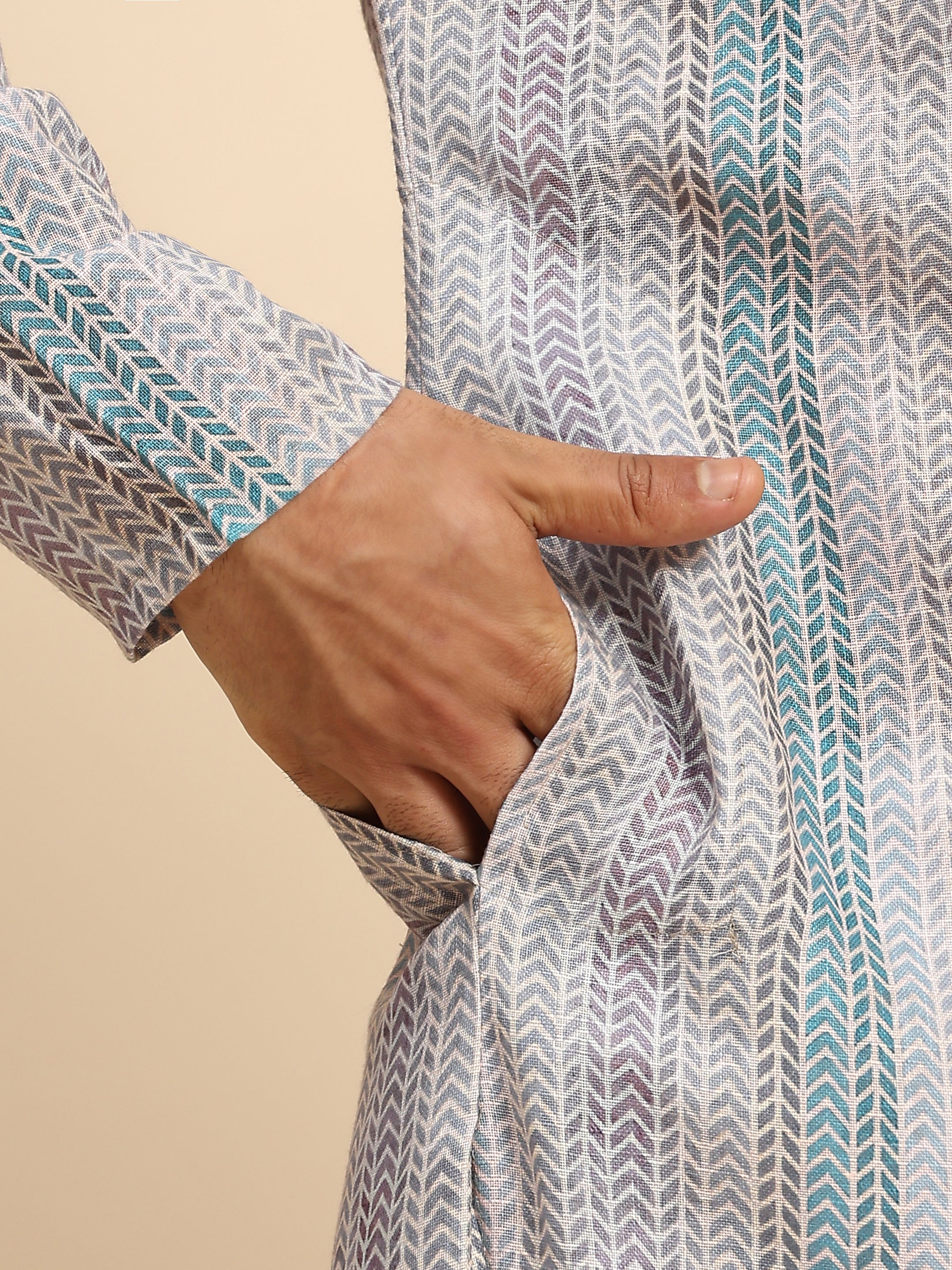 Ensemble pyjama Kurta à imprimé numérique en lin multicolore pour homme