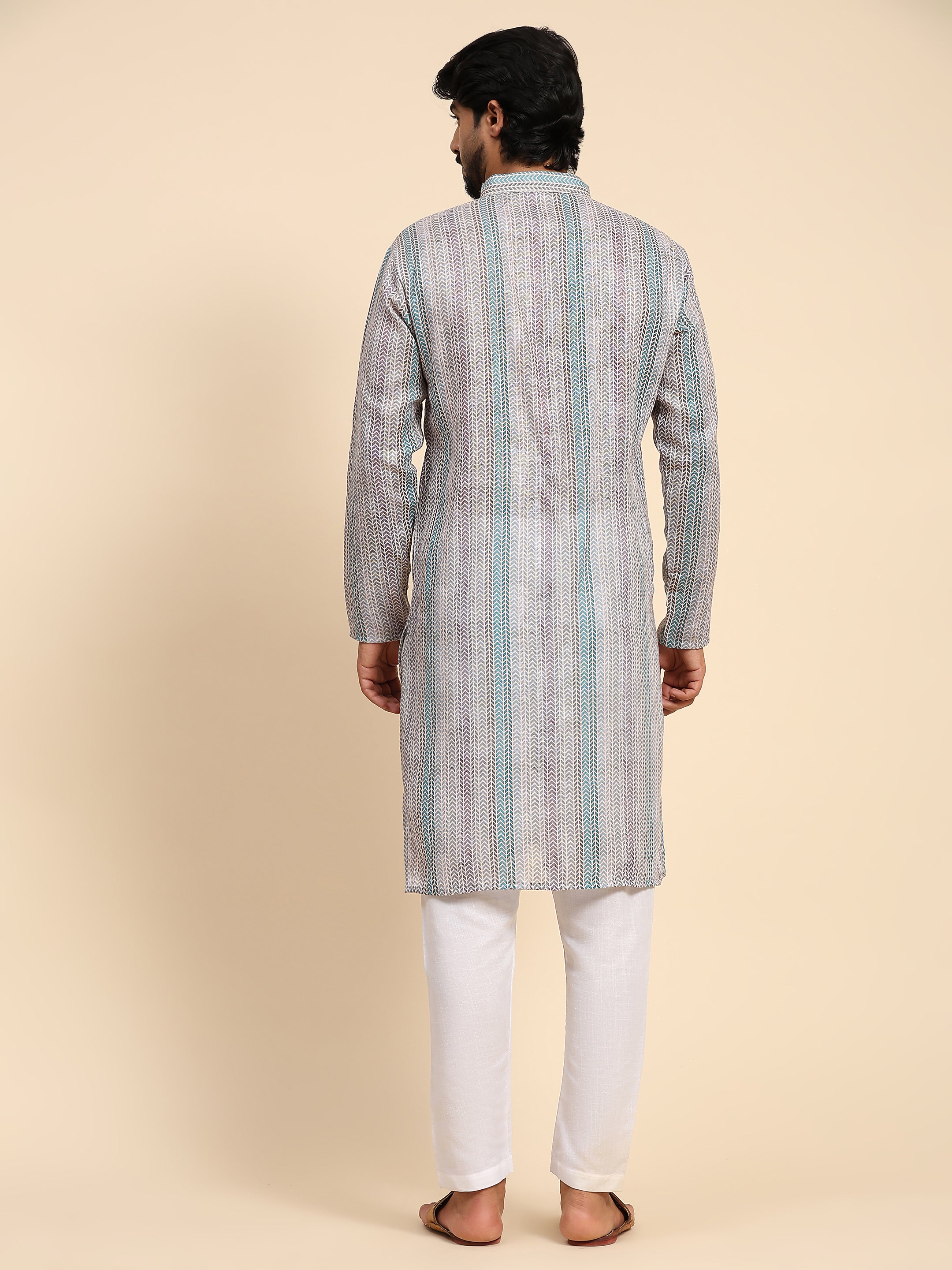 Ensemble pyjama Kurta à imprimé numérique en lin multicolore pour homme