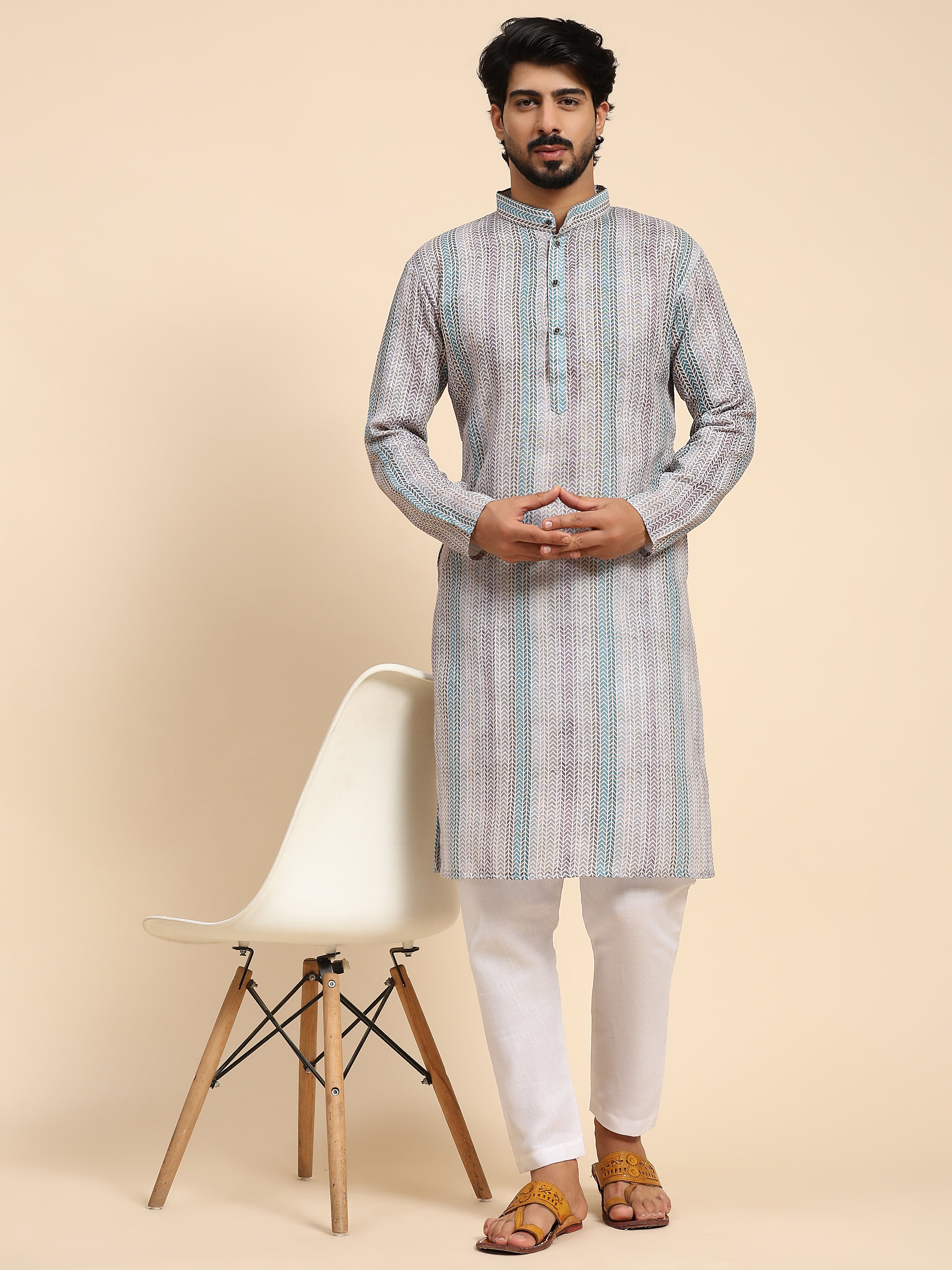 Ensemble pyjama Kurta à imprimé numérique en lin multicolore pour homme