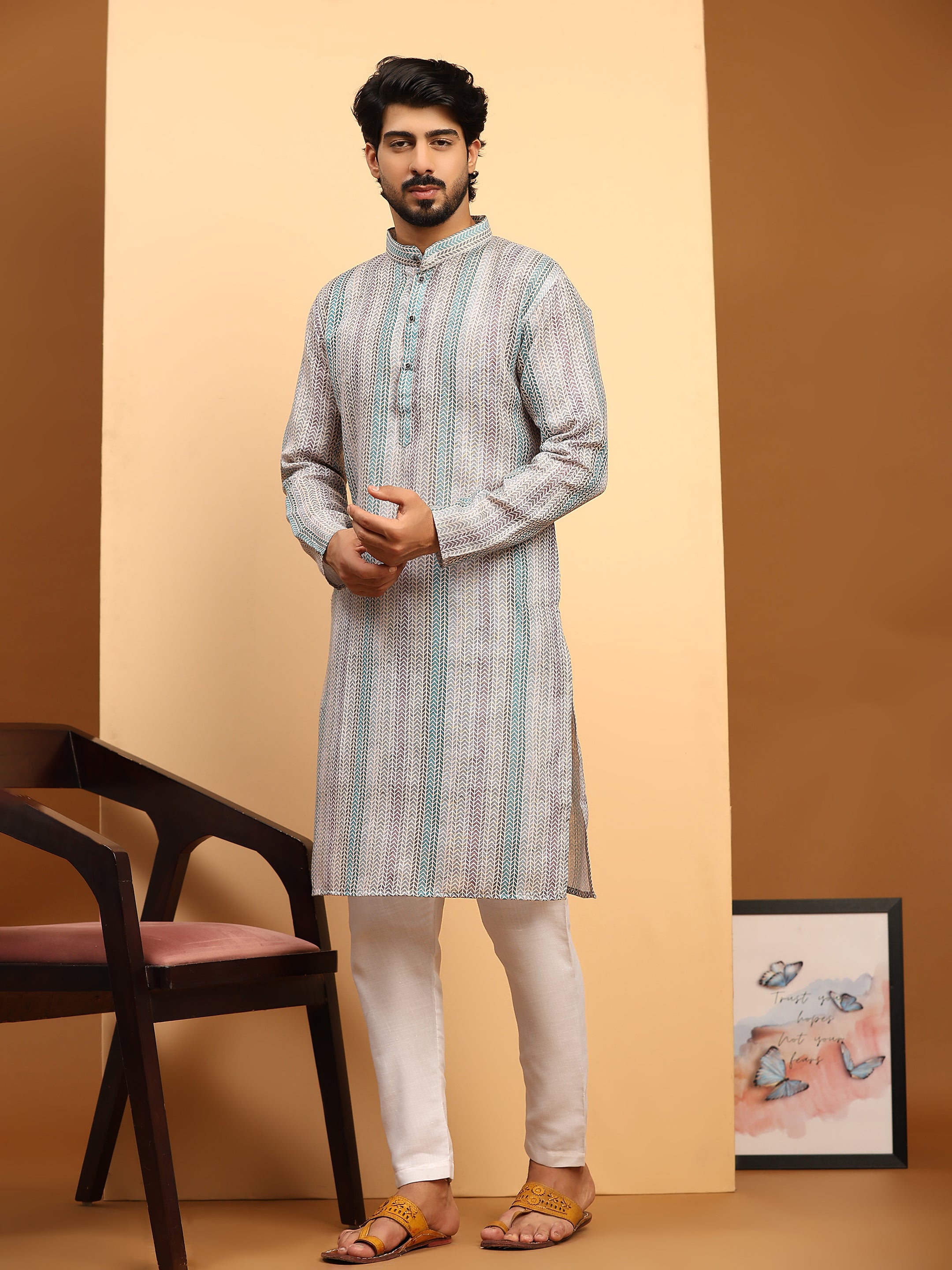 Ensemble pyjama Kurta à imprimé numérique en lin multicolore pour homme