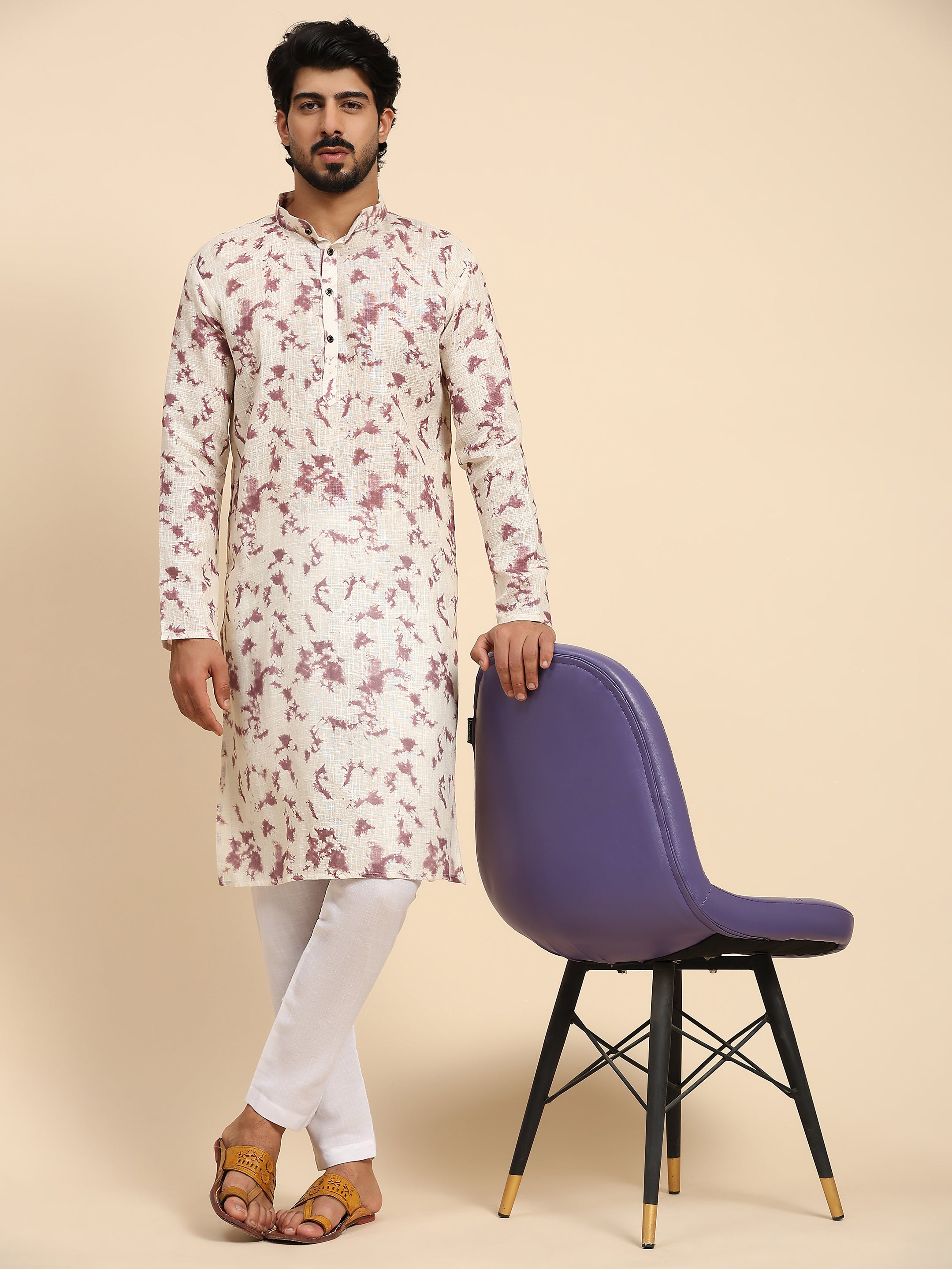 Men's Mauve Tie Dye Linen Digital Print Kurta Pajama Set