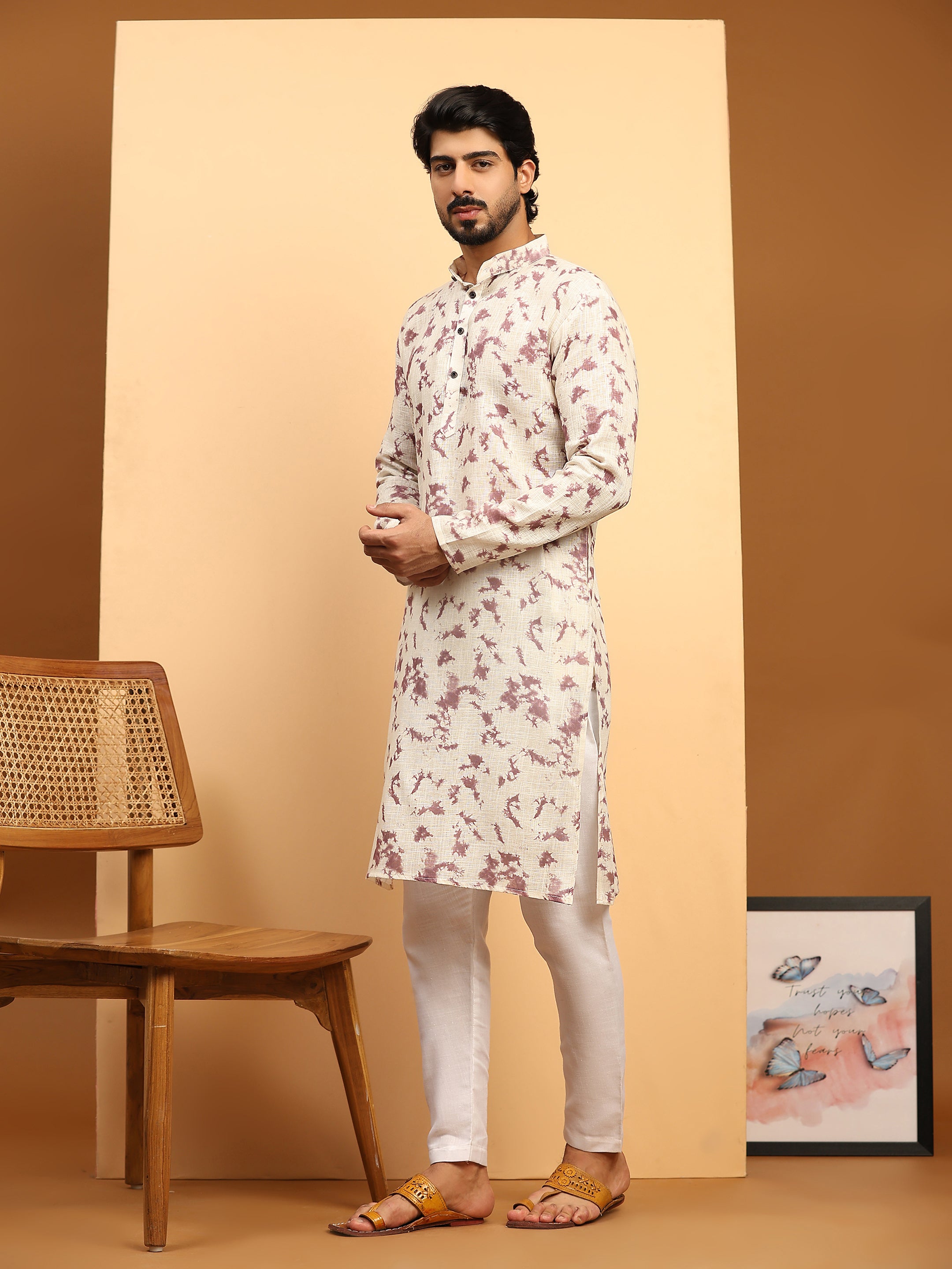 Men's Mauve Tie Dye Linen Digital Print Kurta Pajama Set