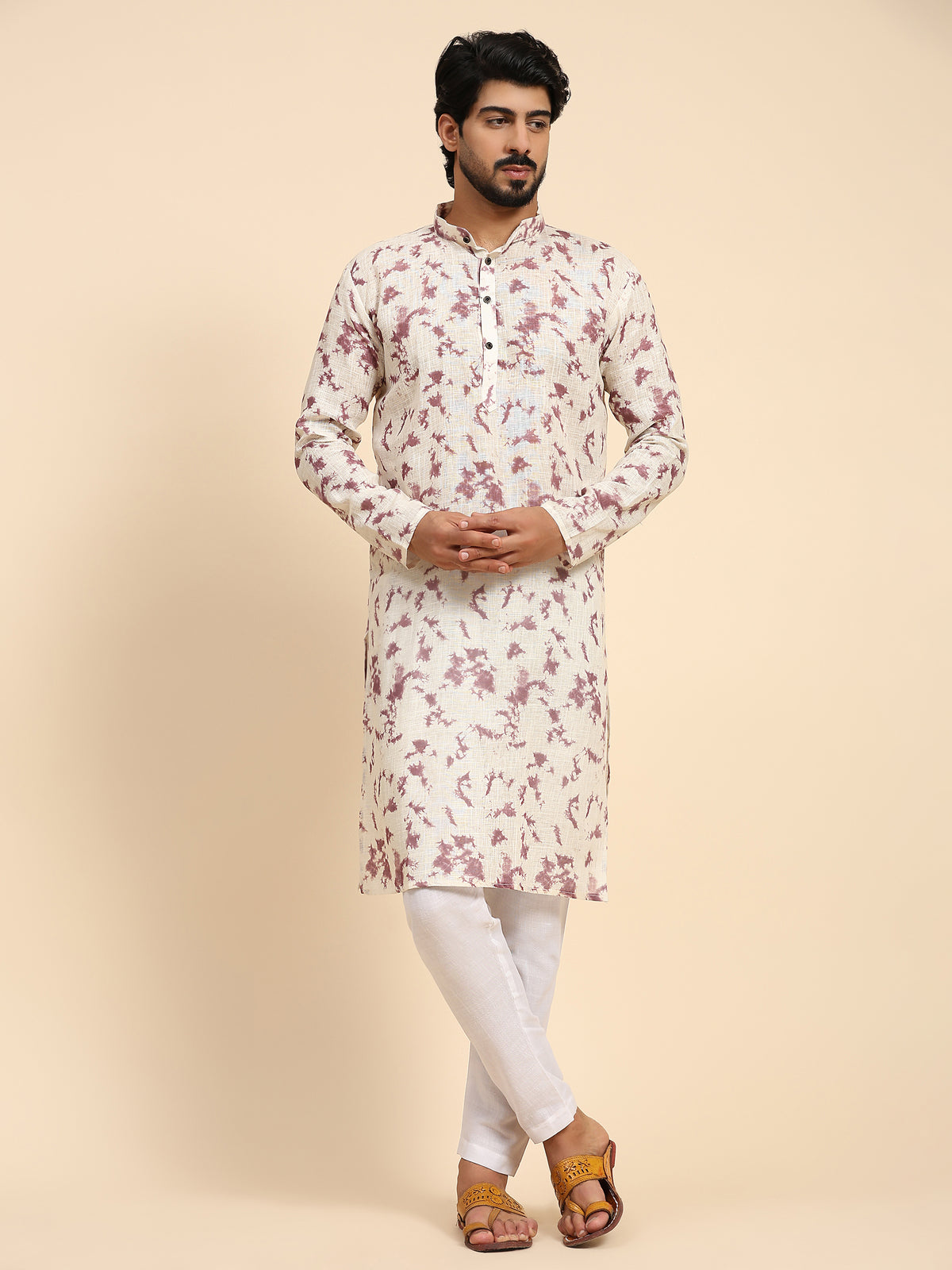 Men's Mauve Tie Dye Linen Digital Print Kurta Pajama Set