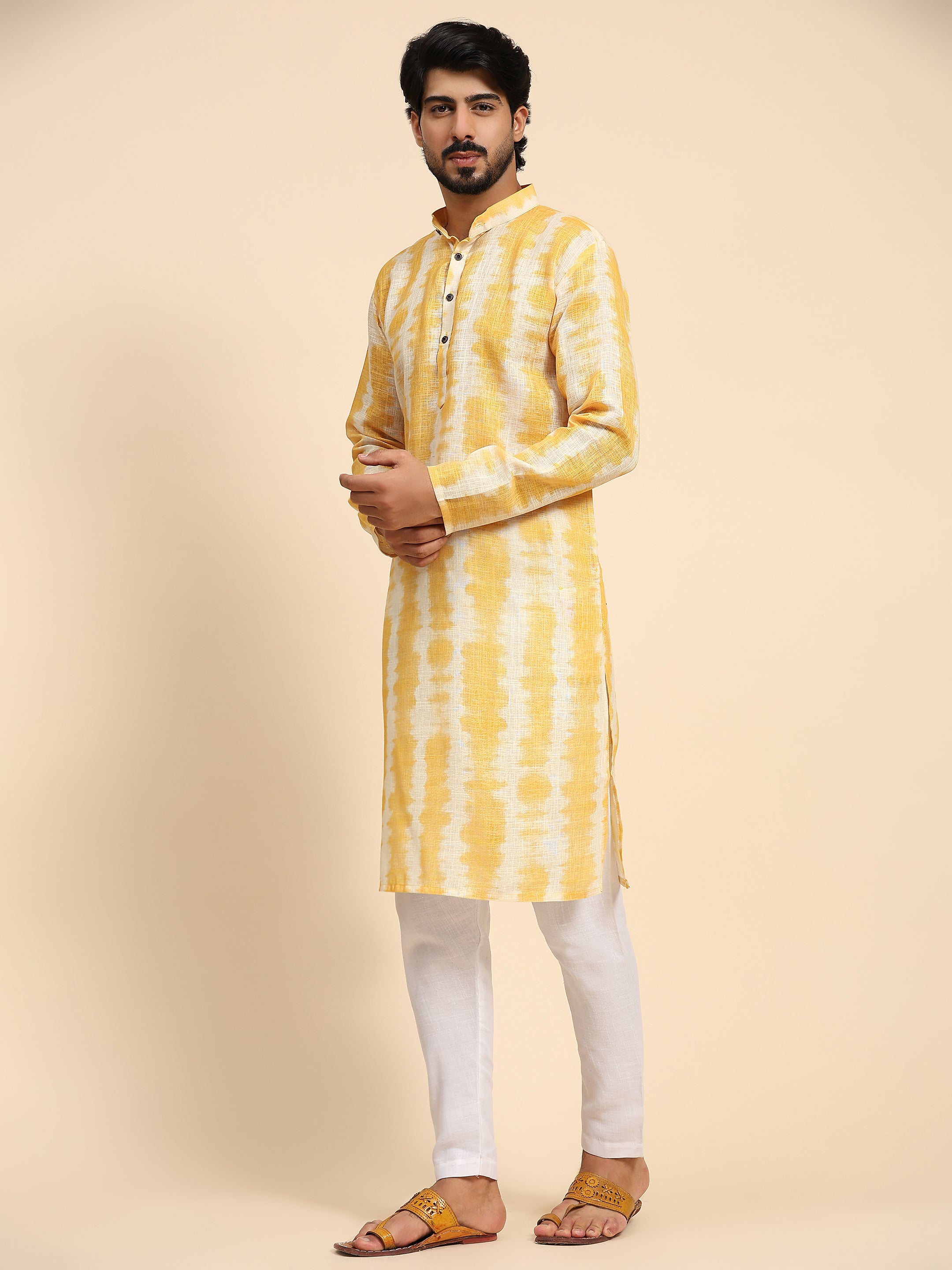 Men's Yellow Tie Dye Linen Digital Print Kurta Pajama Set