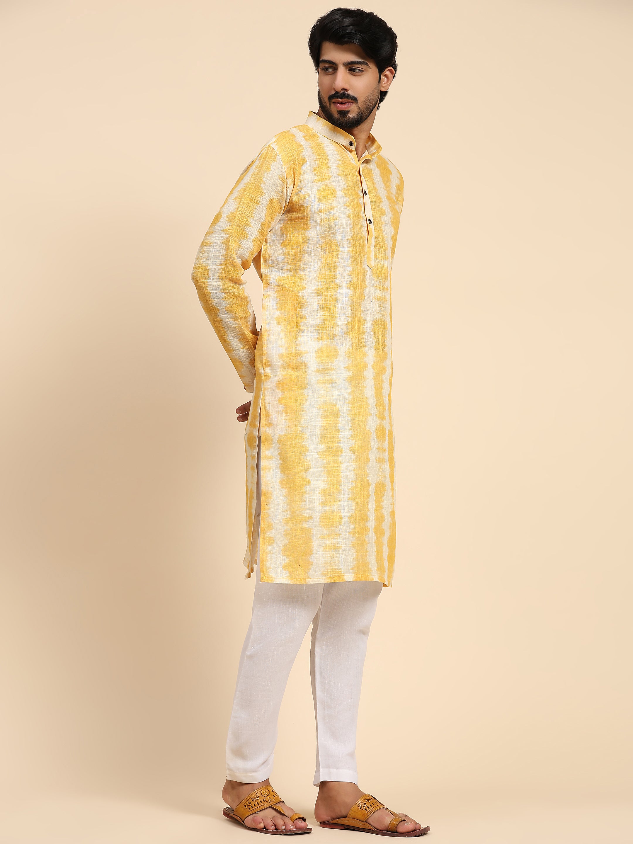 Men's Yellow Tie Dye Linen Digital Print Kurta Pajama Set