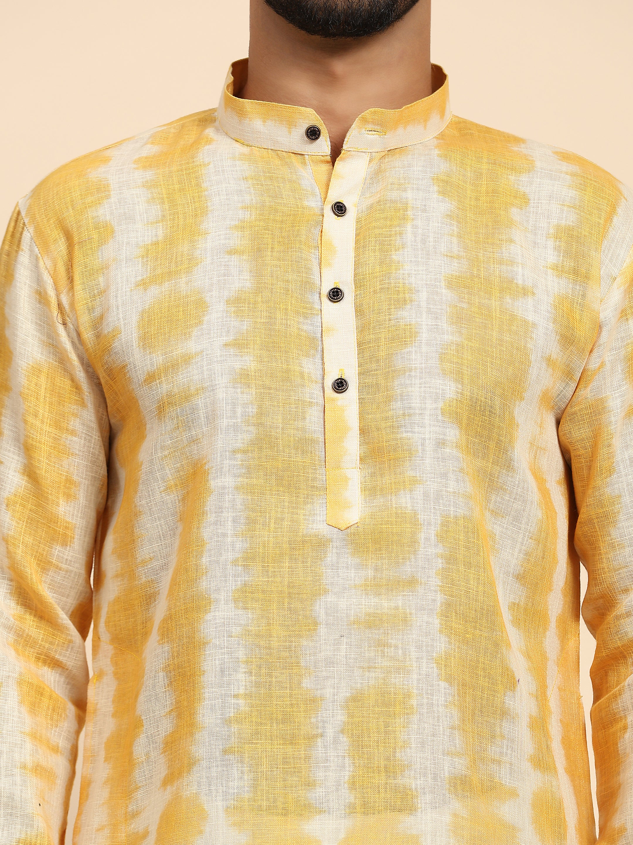 Men's Yellow Tie Dye Linen Digital Print Kurta Pajama Set