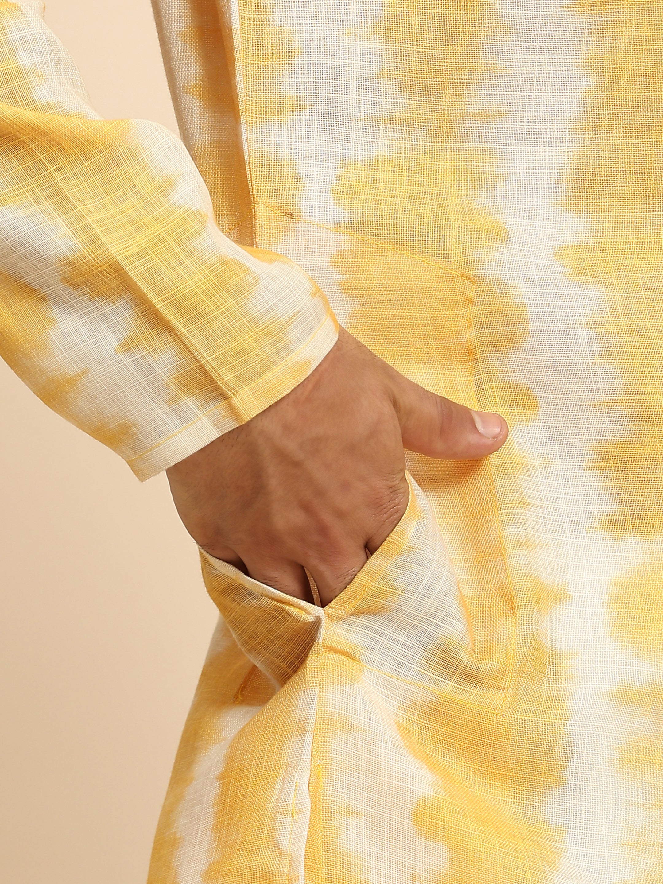 Men's Yellow Tie Dye Linen Digital Print Kurta Pajama Set