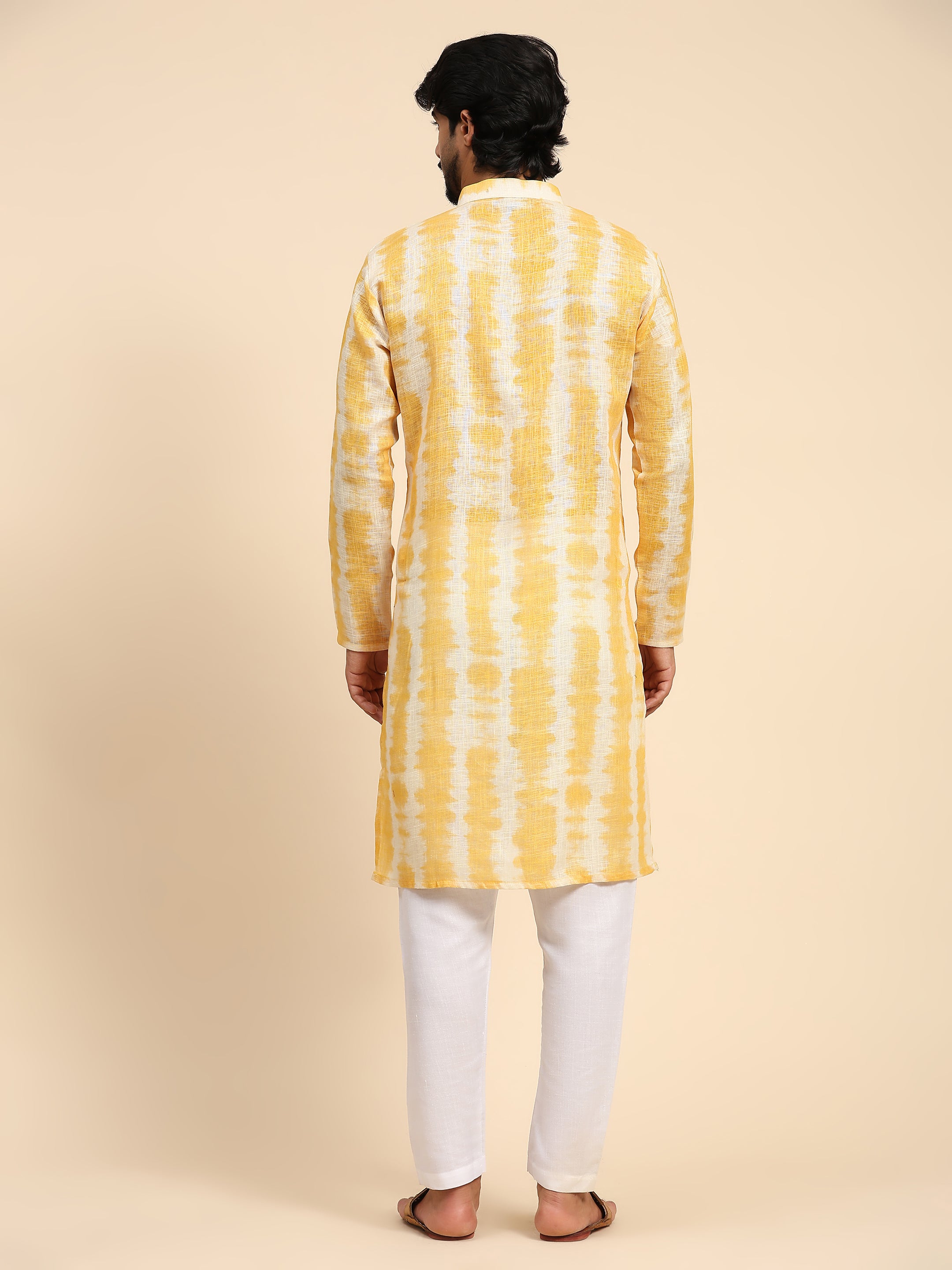 Men's Yellow Tie Dye Linen Digital Print Kurta Pajama Set