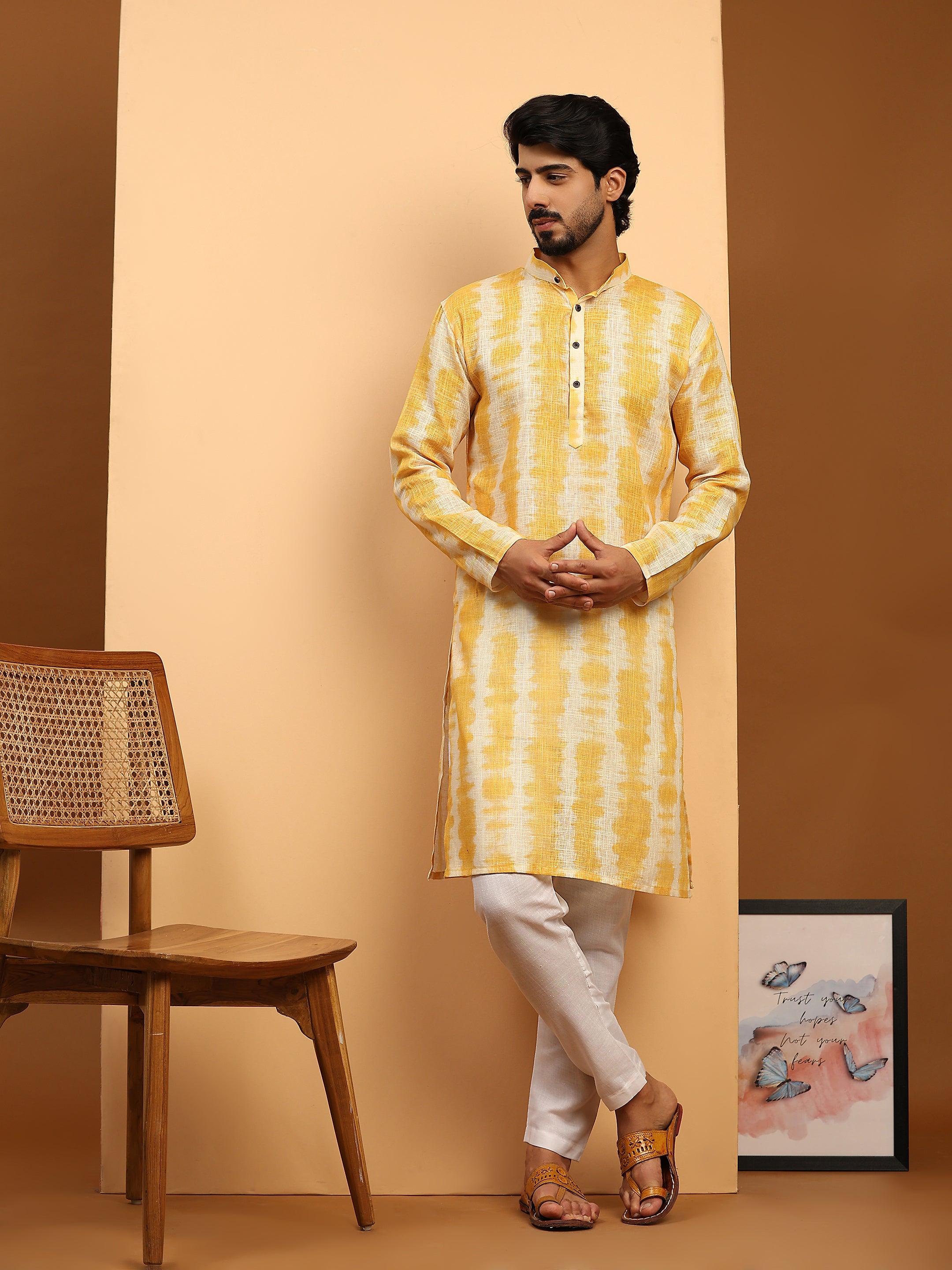 Men's Yellow Tie Dye Linen Digital Print Kurta Pajama Set