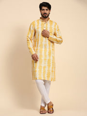 Men's Yellow Tie Dye Linen Digital Print Kurta Pajama Set