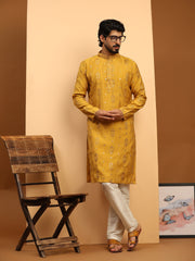 Ensemble pyjama Kurta en soie effet miroir moutarde pour homme 