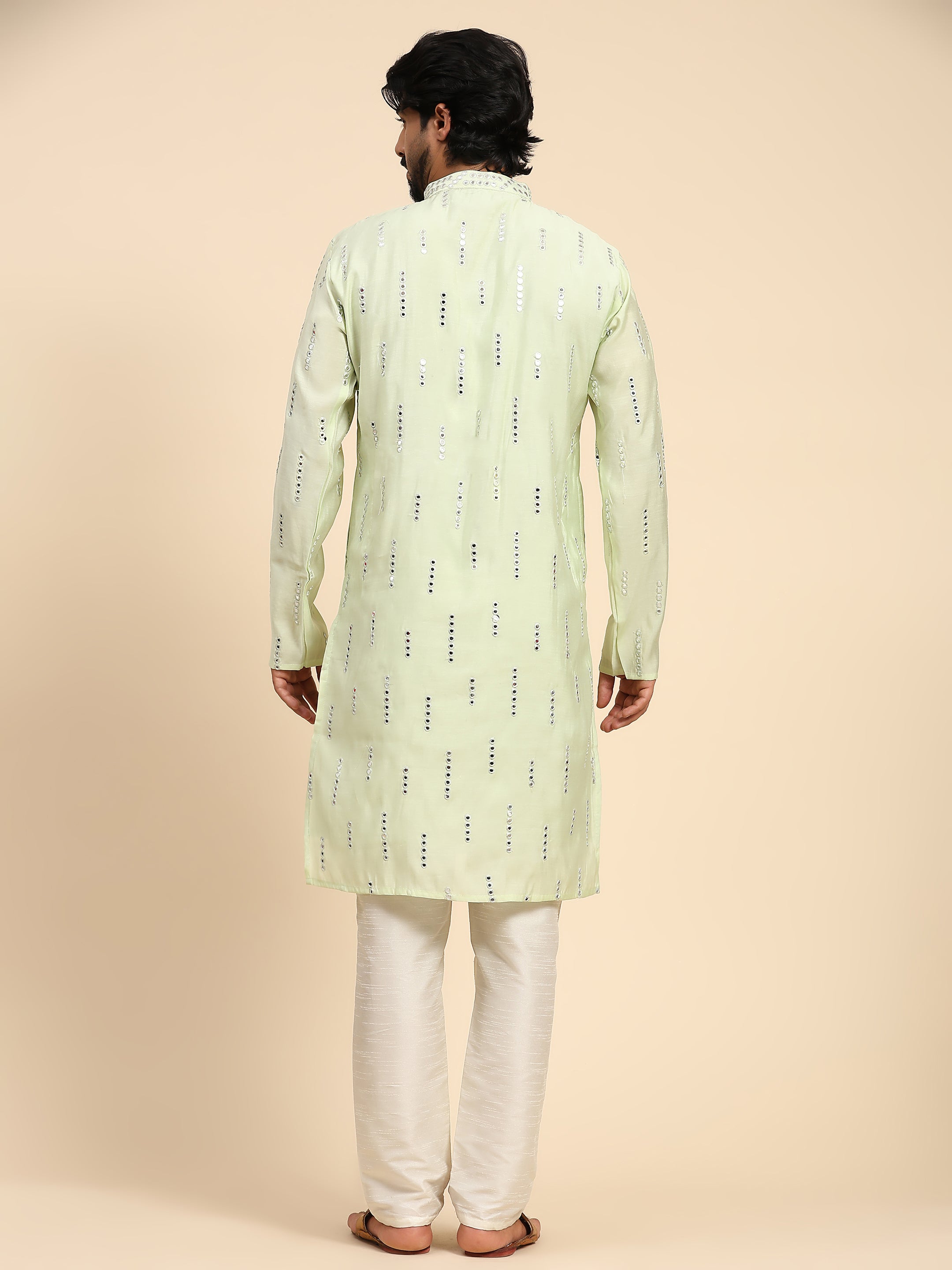 Ensemble pyjama Kurta en soie vert clair pour homme avec effet miroir 