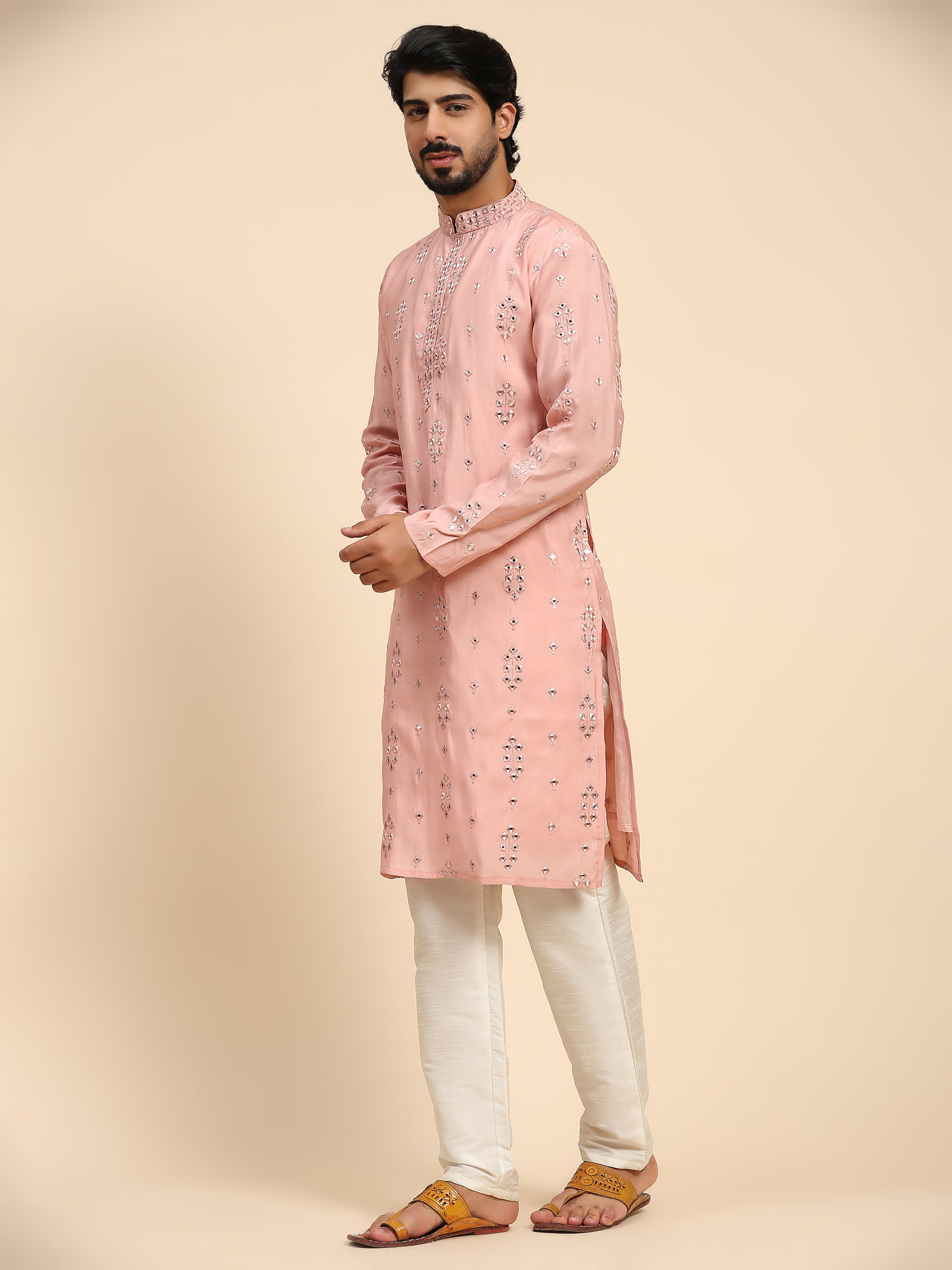 Men's Pink Silk Mirror Kurta Pajama Set