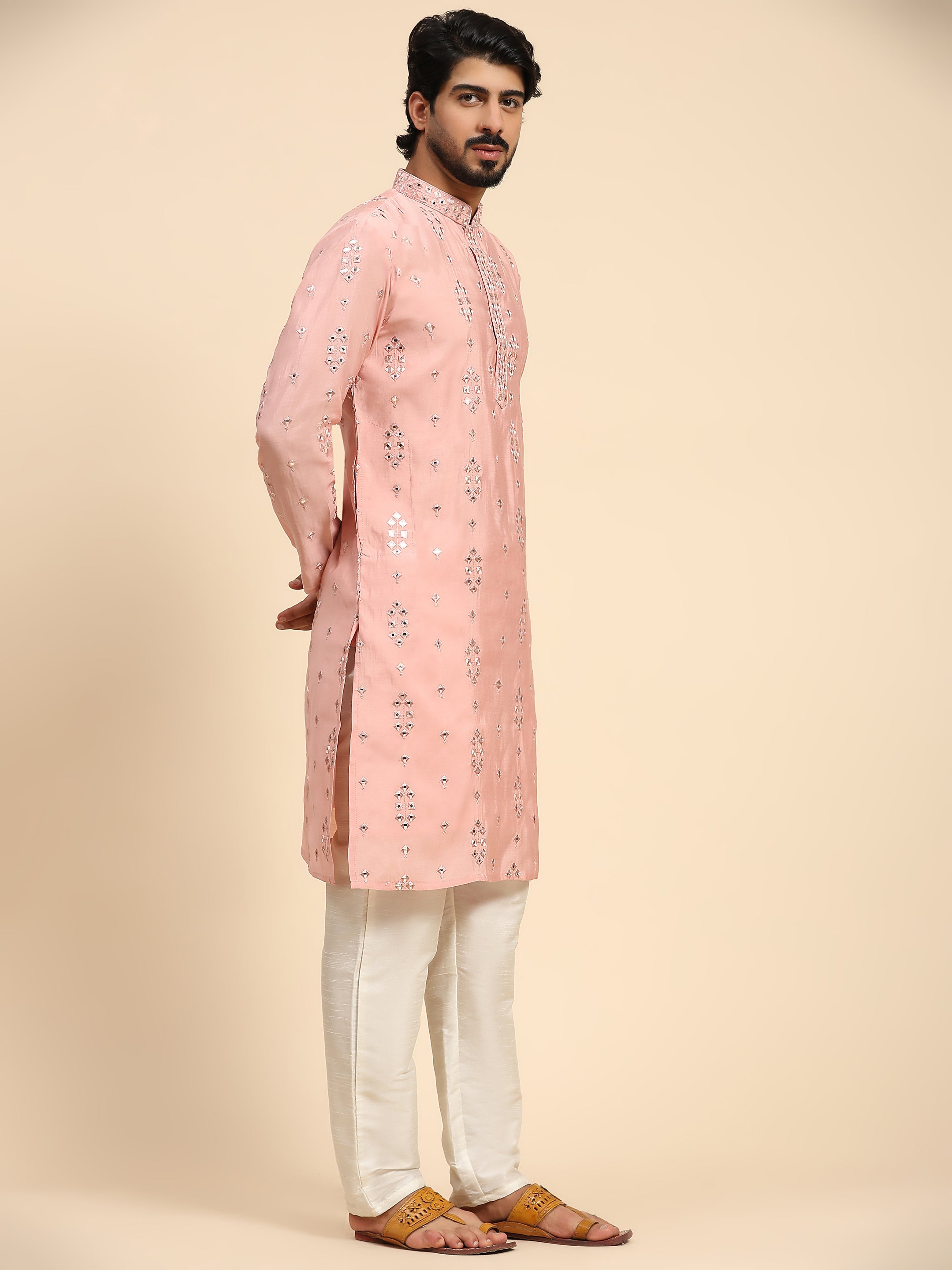 Men's Pink Silk Mirror Kurta Pajama Set