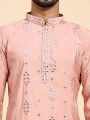 Men's Pink Silk Mirror Kurta Pajama Set