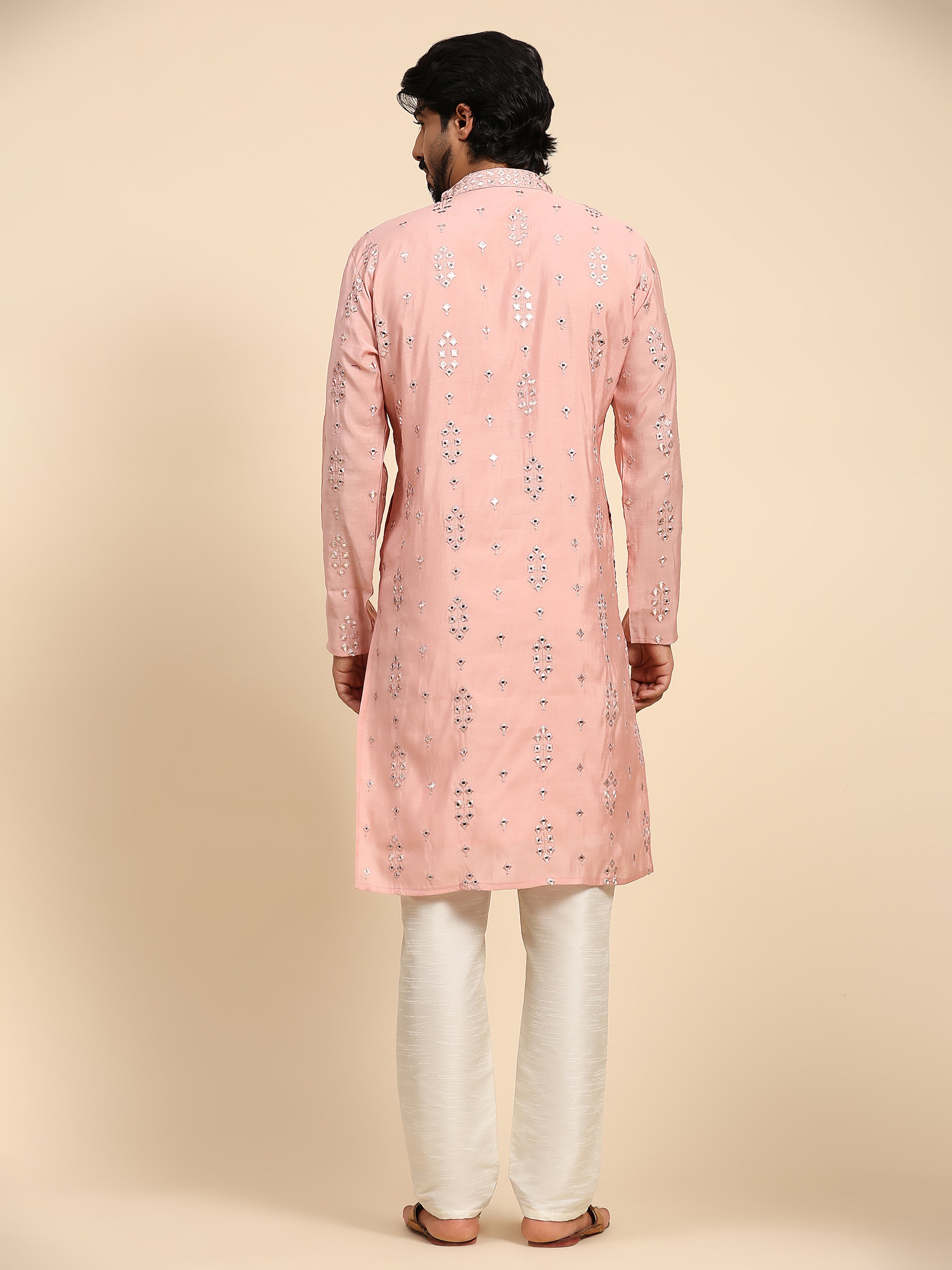 Men's Pink Silk Mirror Kurta Pajama Set