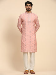 Men's Pink Silk Mirror Kurta Pajama Set