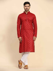 Red Cotton Woven Butti Kurta Pajama Set For Men