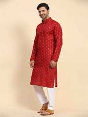 Red Cotton Woven Butti Kurta Pajama Set For Men