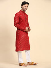 Red Cotton Woven Butti Kurta Pajama Set For Men