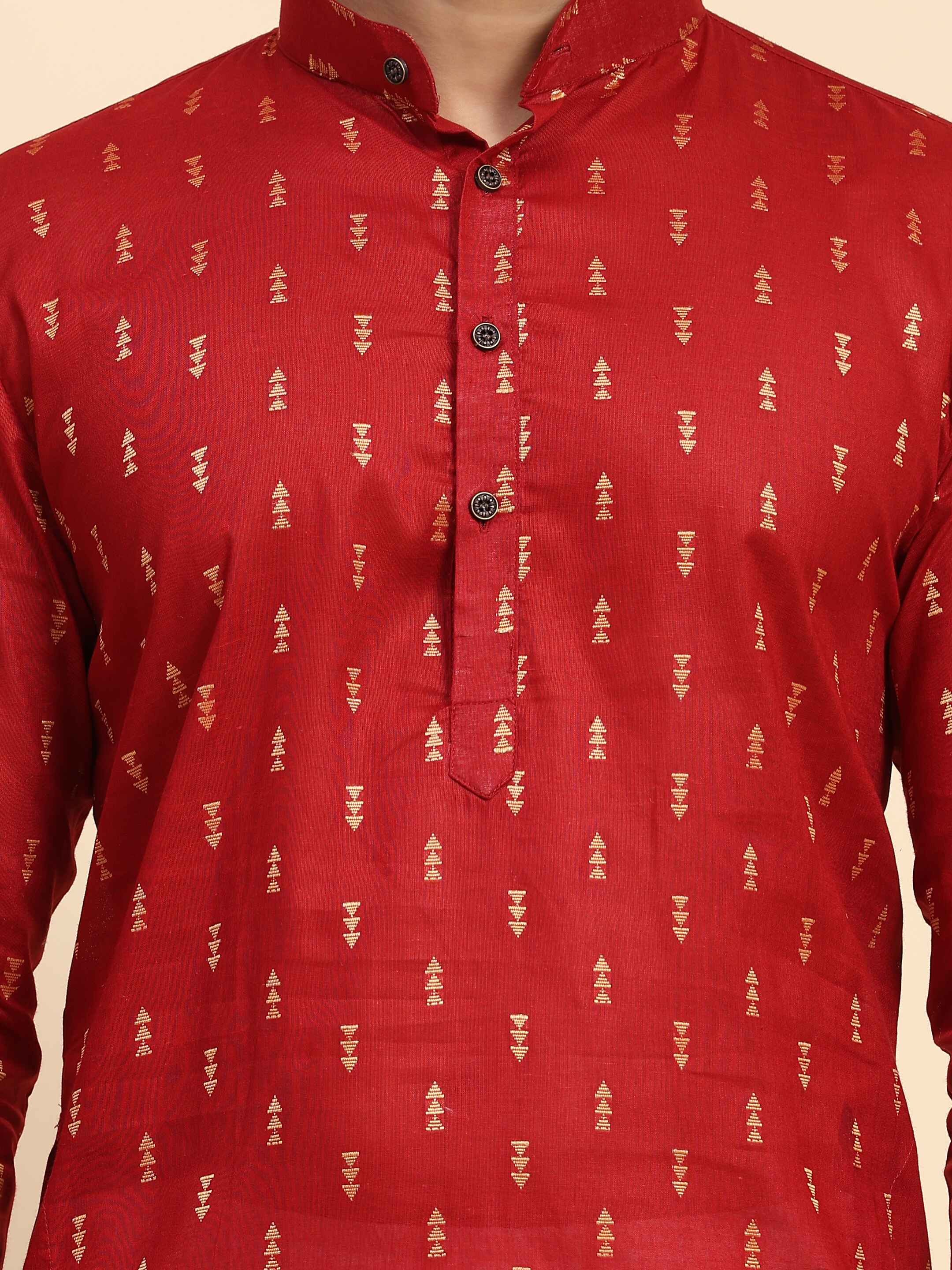 Red Cotton Woven Butti Kurta Pajama Set For Men