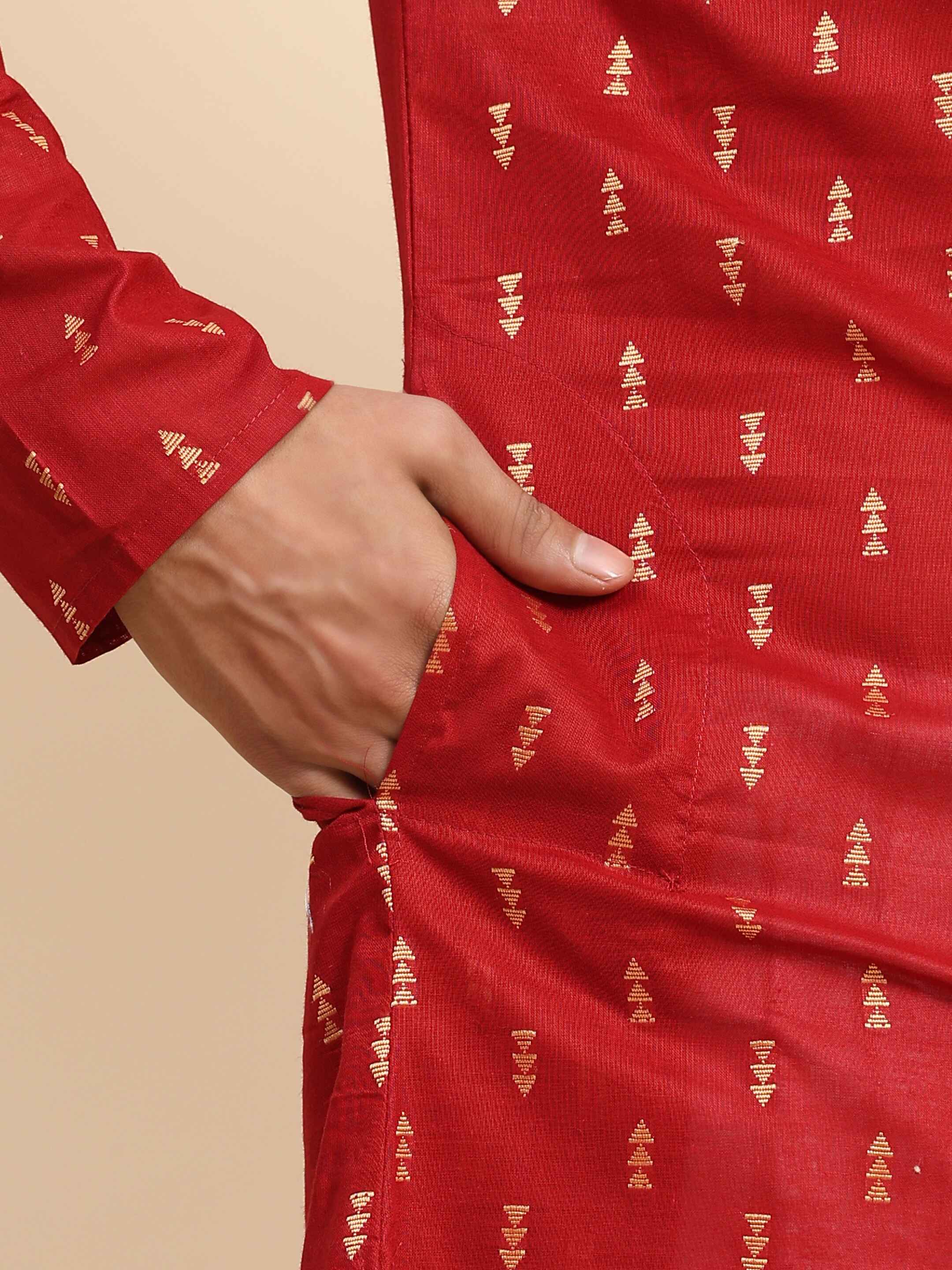 Red Cotton Woven Butti Kurta Pajama Set For Men