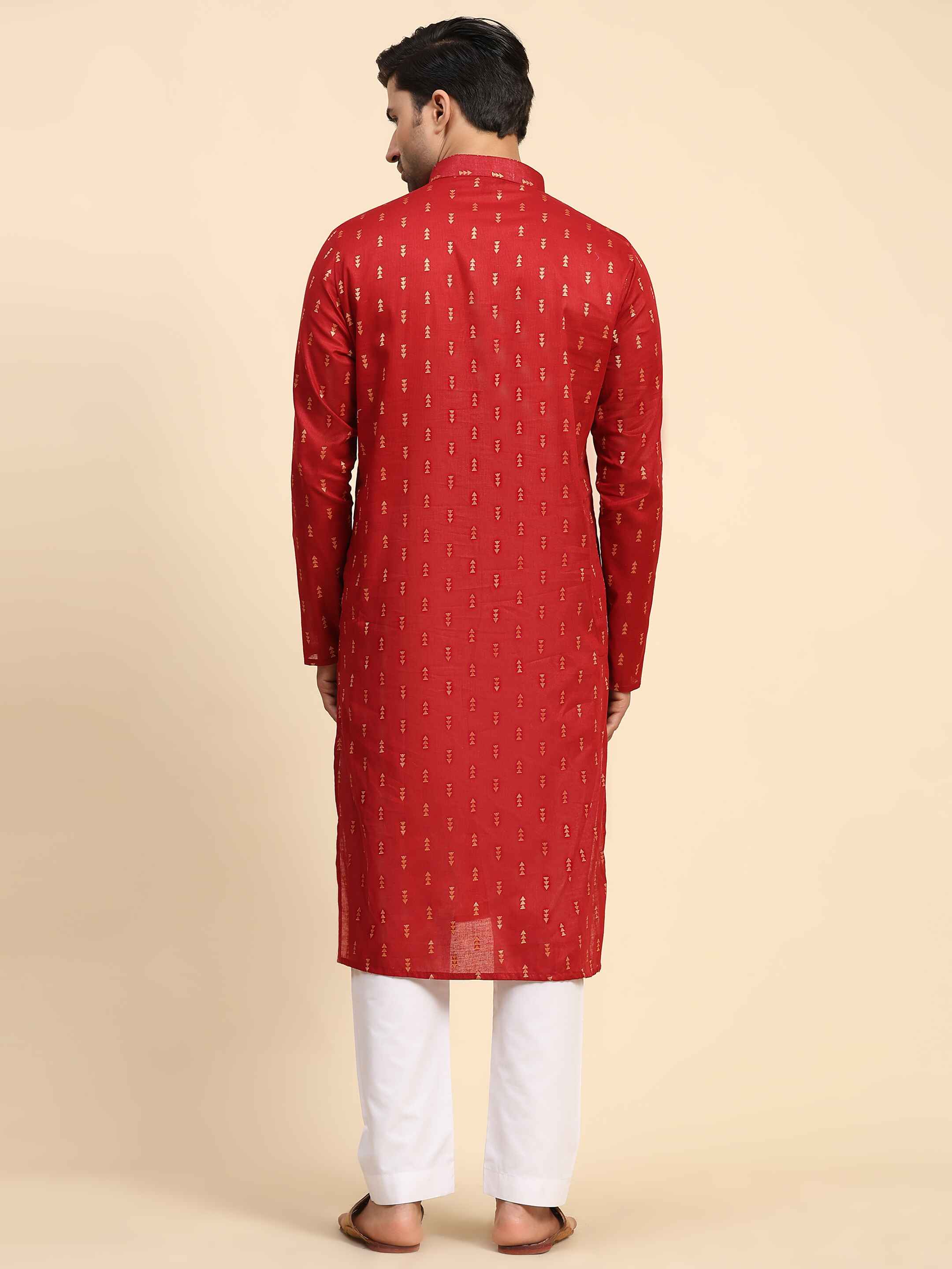 Red Cotton Woven Butti Kurta Pajama Set For Men