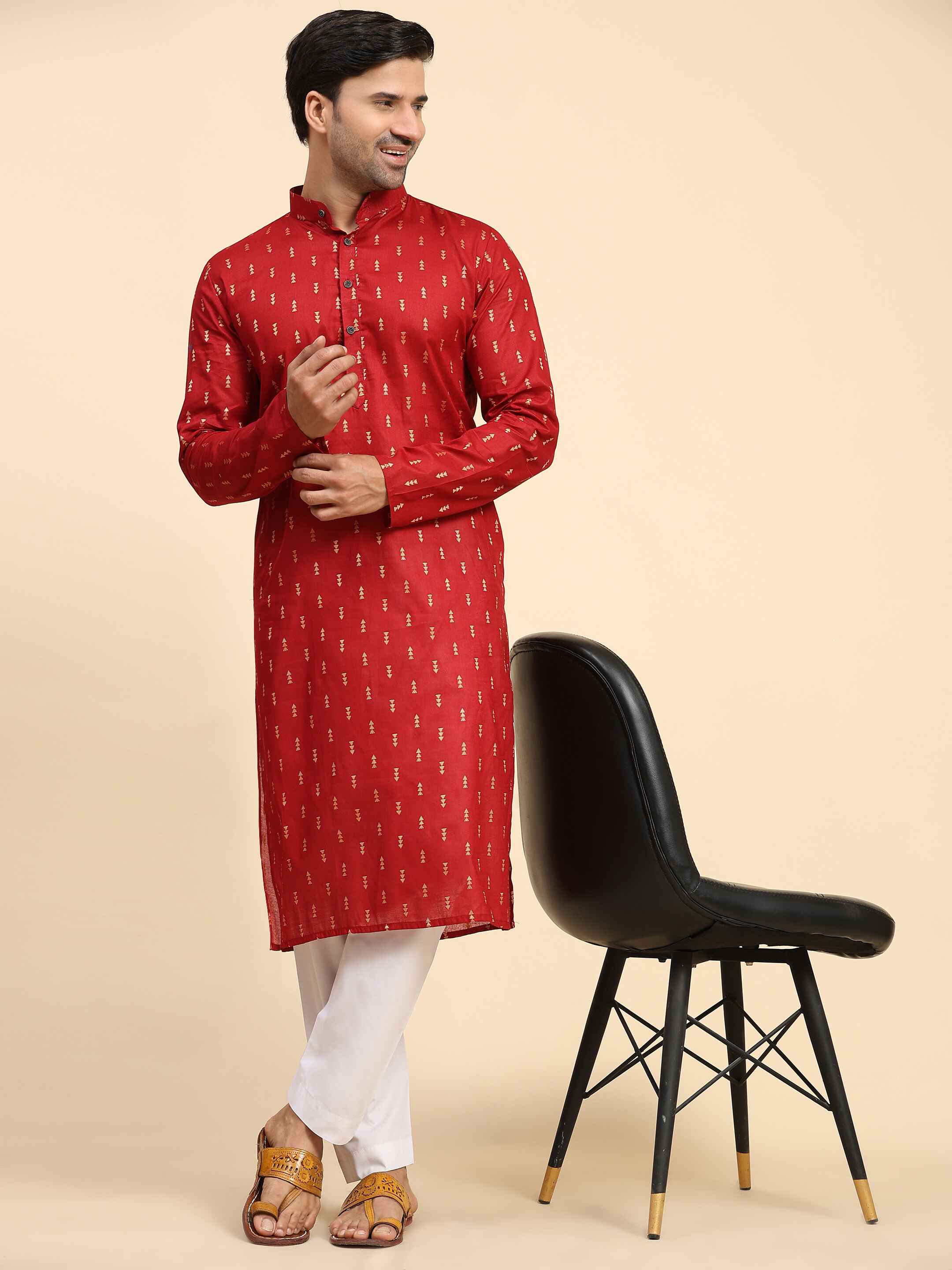 Red Cotton Woven Butti Kurta Pajama Set For Men