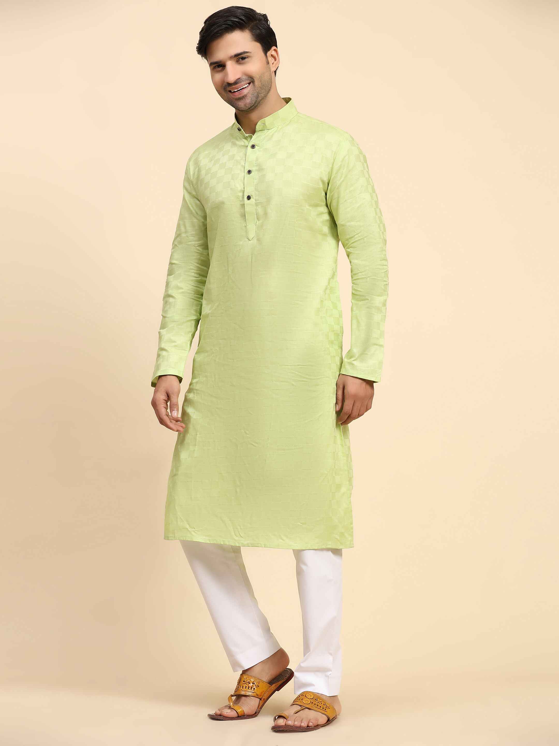 Men's Light Green Cotton Woven Kurta Pajama Set