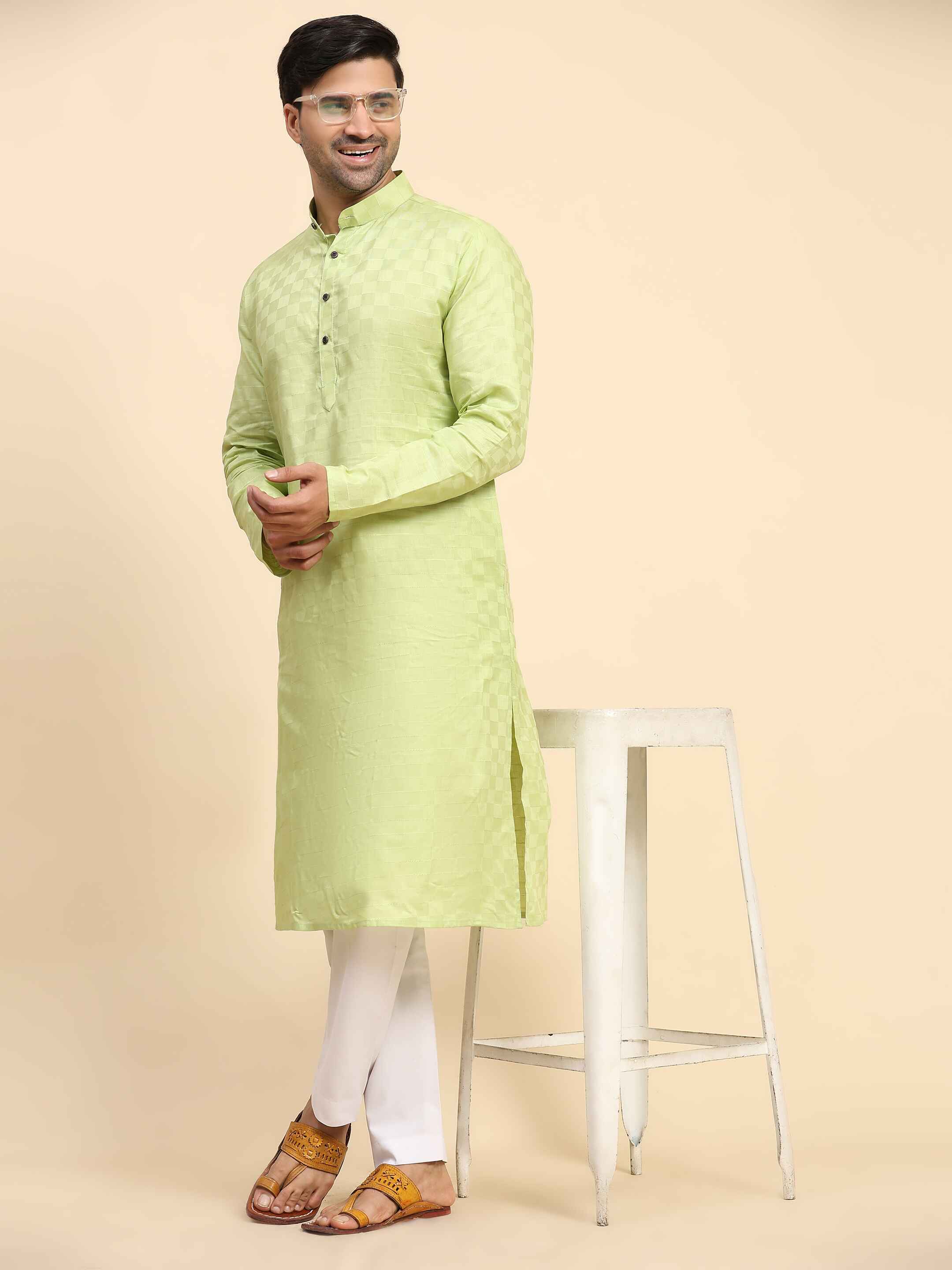 Men's Light Green Cotton Woven Kurta Pajama Set