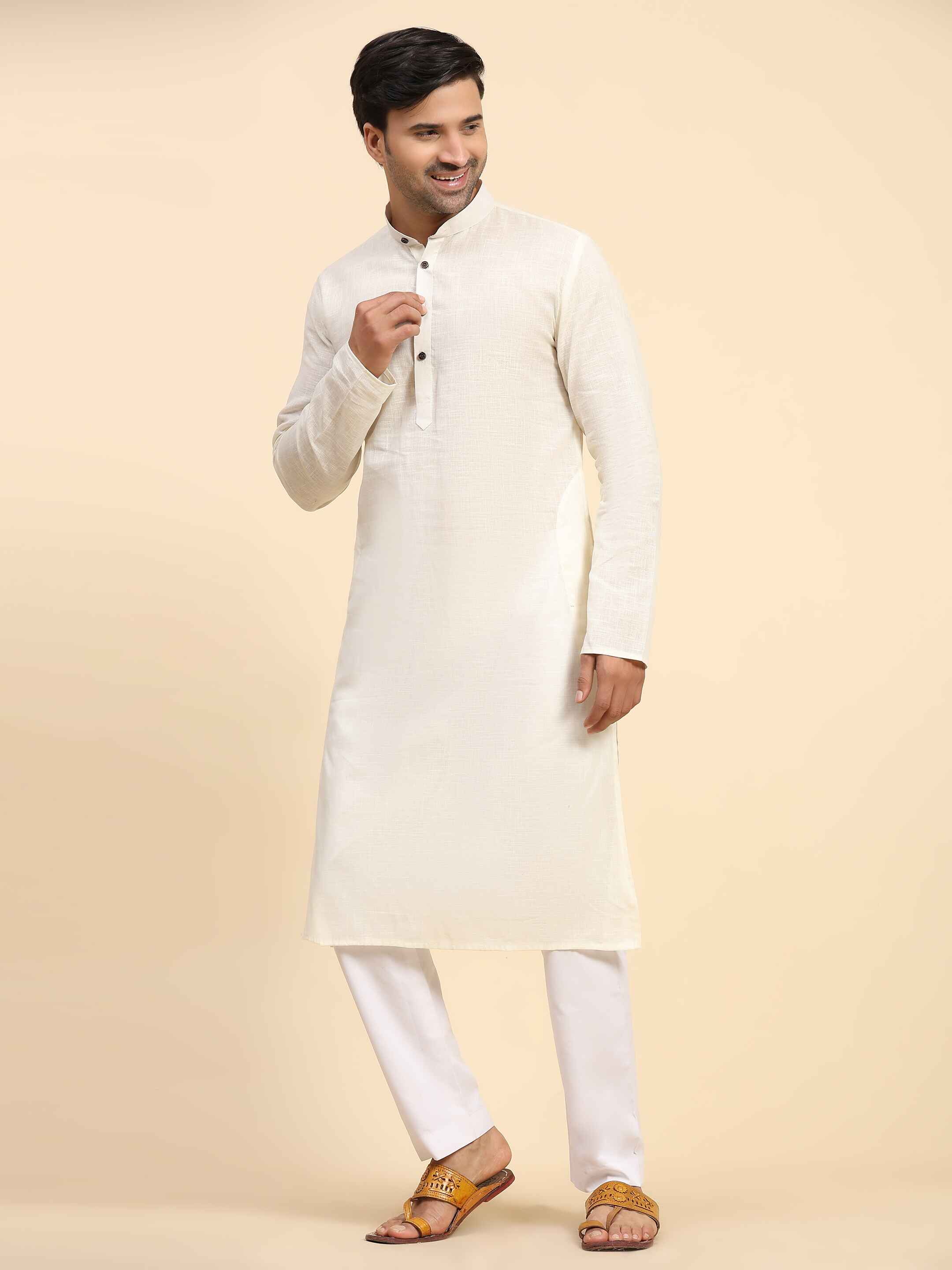 Ensemble pyjama Kurta en coton tissé blanc cassé pour homme 