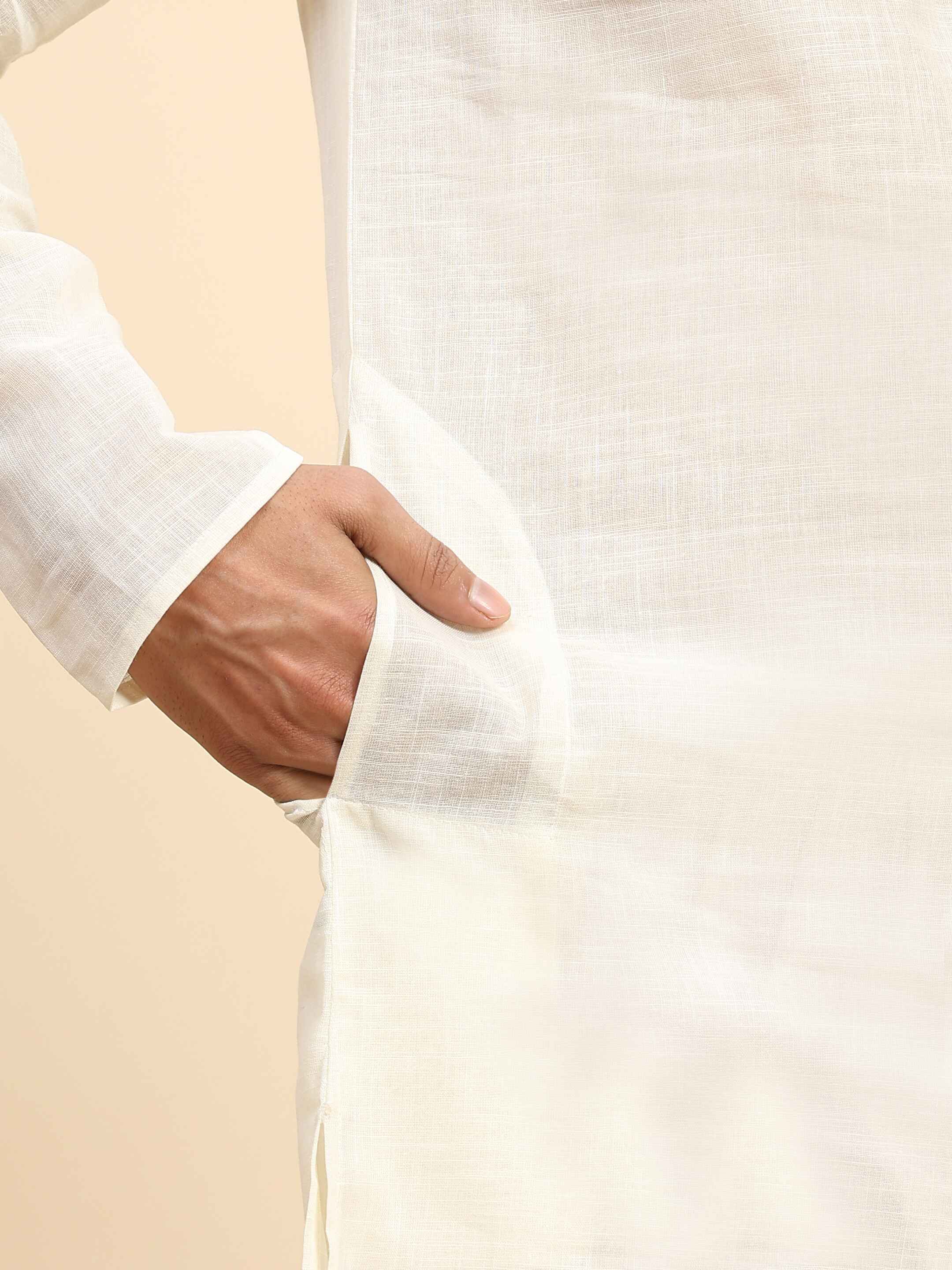 Ensemble pyjama Kurta en coton tissé blanc cassé pour homme 