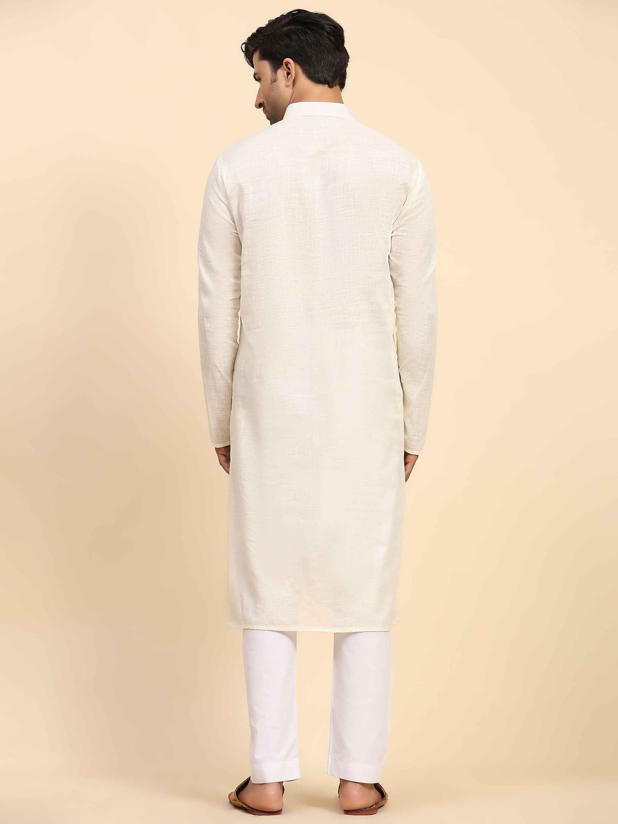 Ensemble pyjama Kurta en coton tissé blanc cassé pour homme 