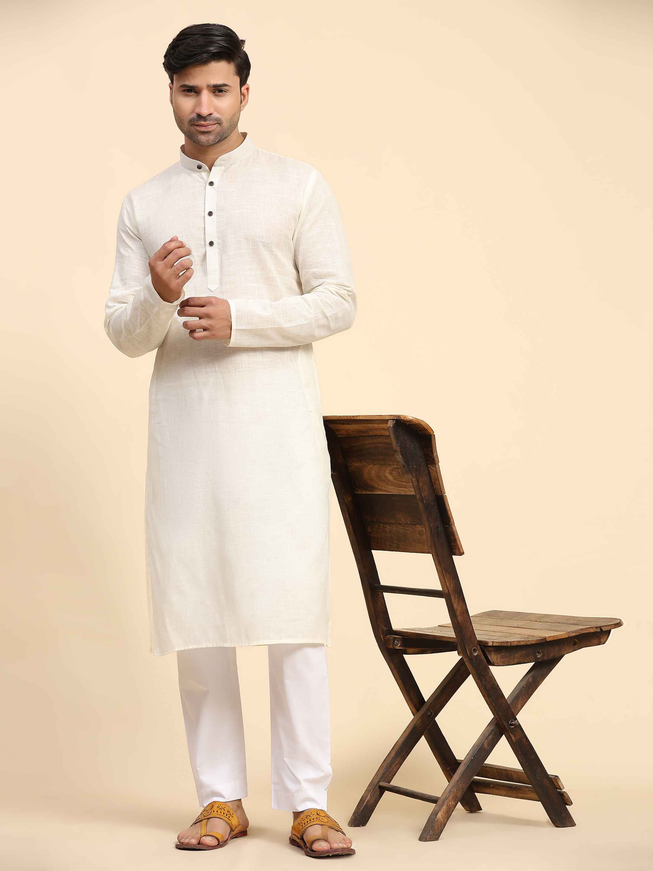 Ensemble pyjama Kurta en coton tissé blanc cassé pour homme 