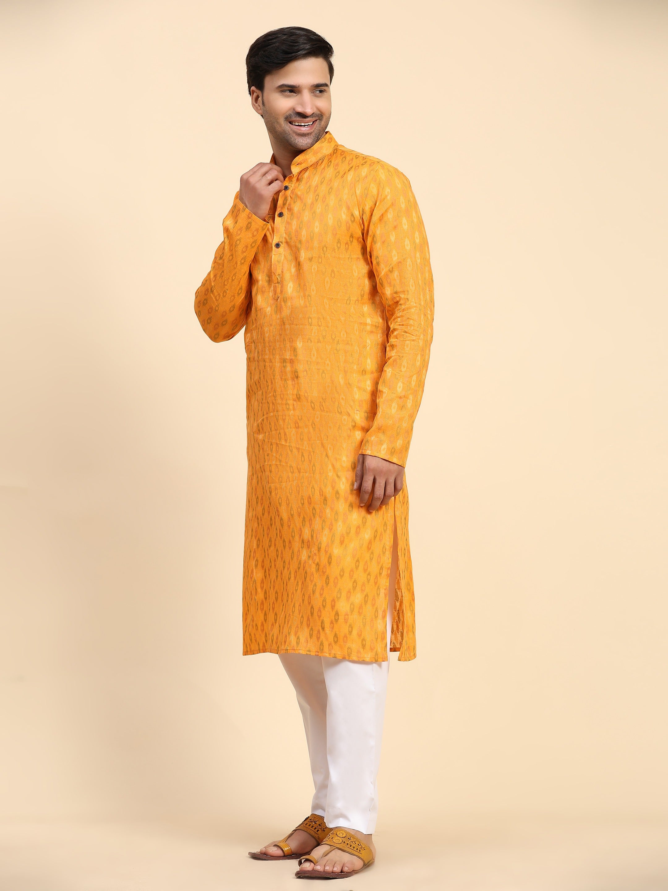 Ensemble pyjama Kurta en coton tissé orange clair pour homme 