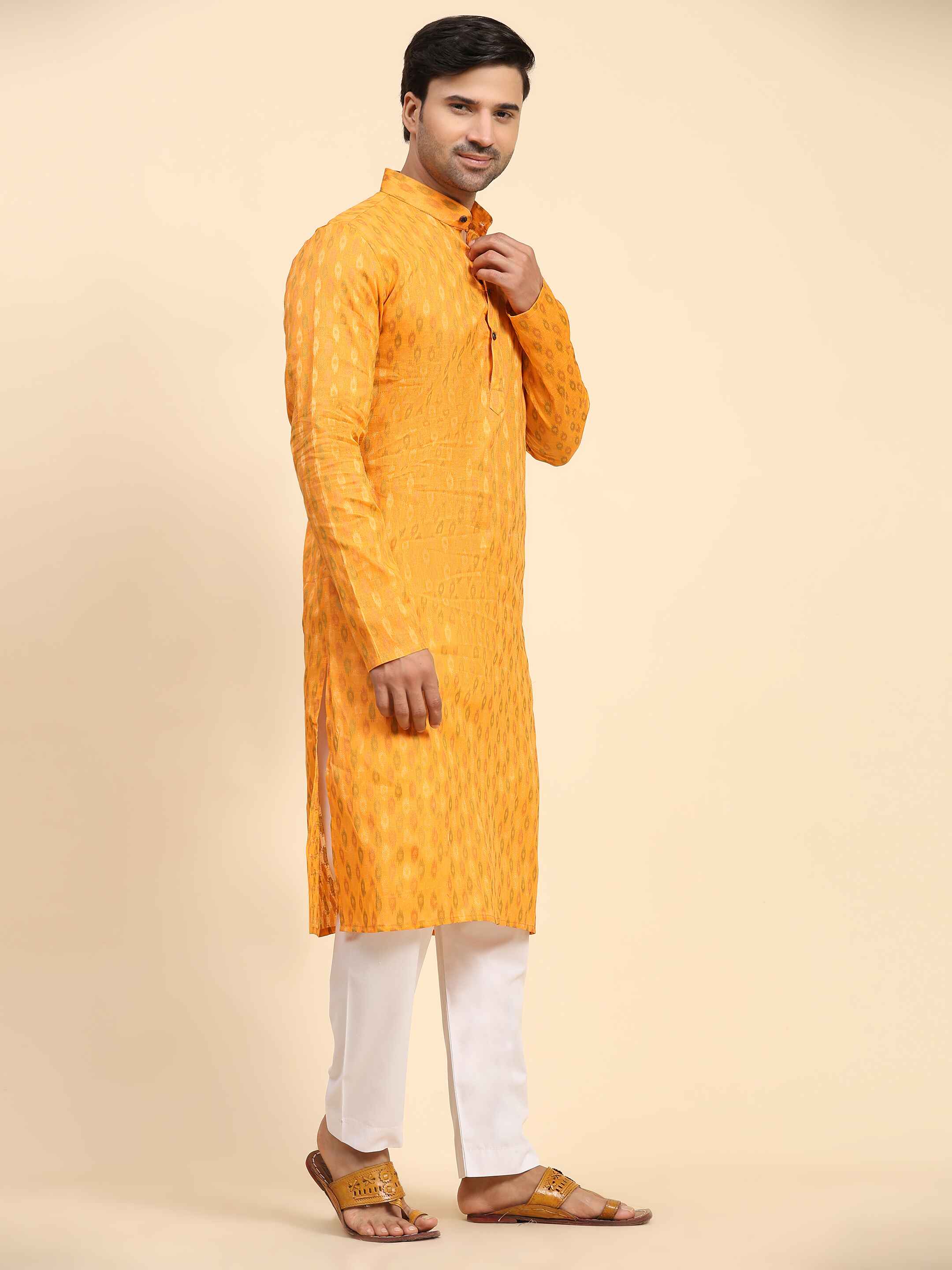 Ensemble pyjama Kurta en coton tissé orange clair pour homme 