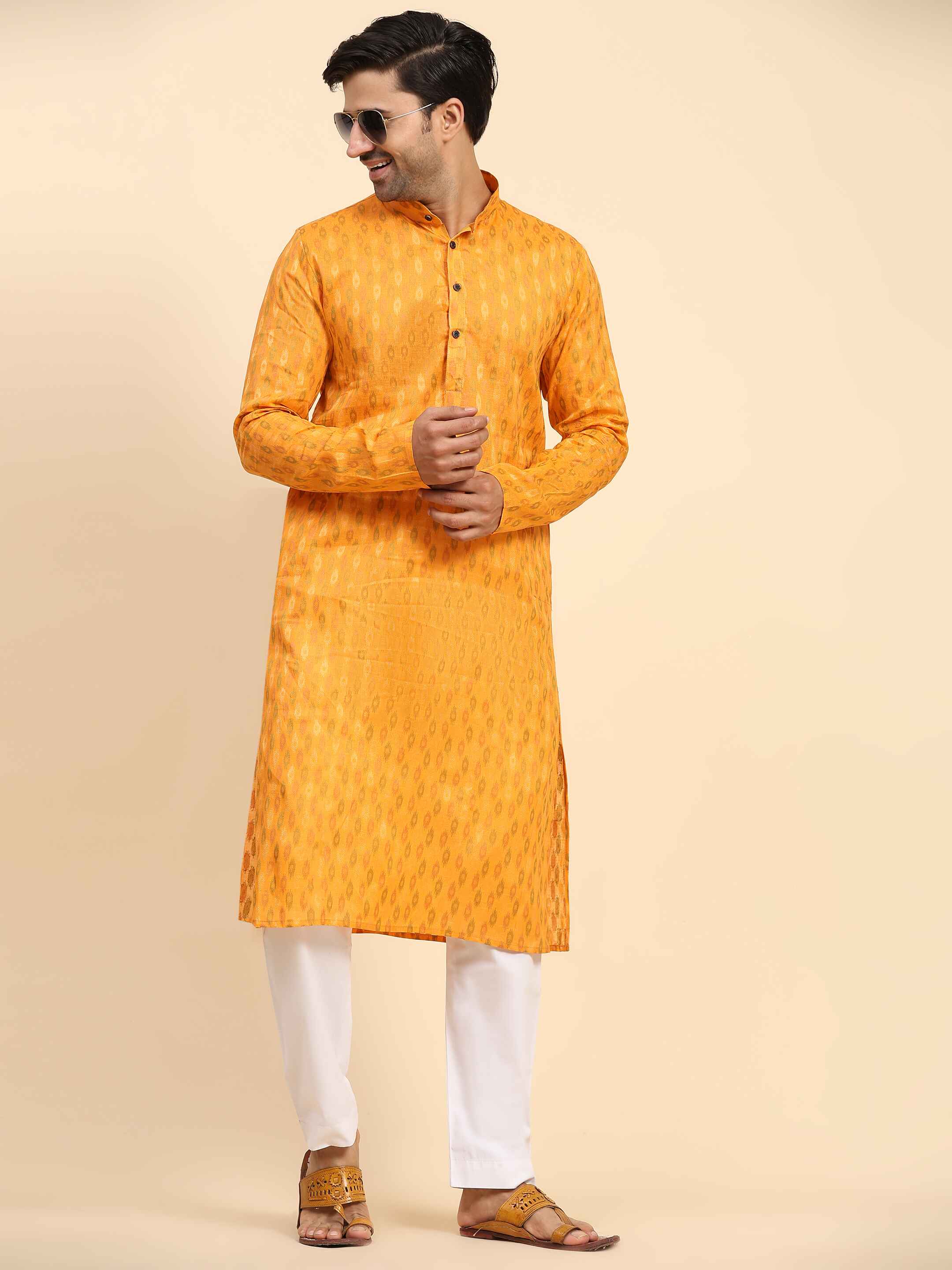 Ensemble pyjama Kurta en coton tissé orange clair pour homme 