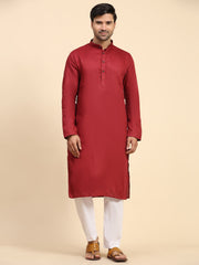 Men's Maroon Cotton Woven Kurta Pajama Set