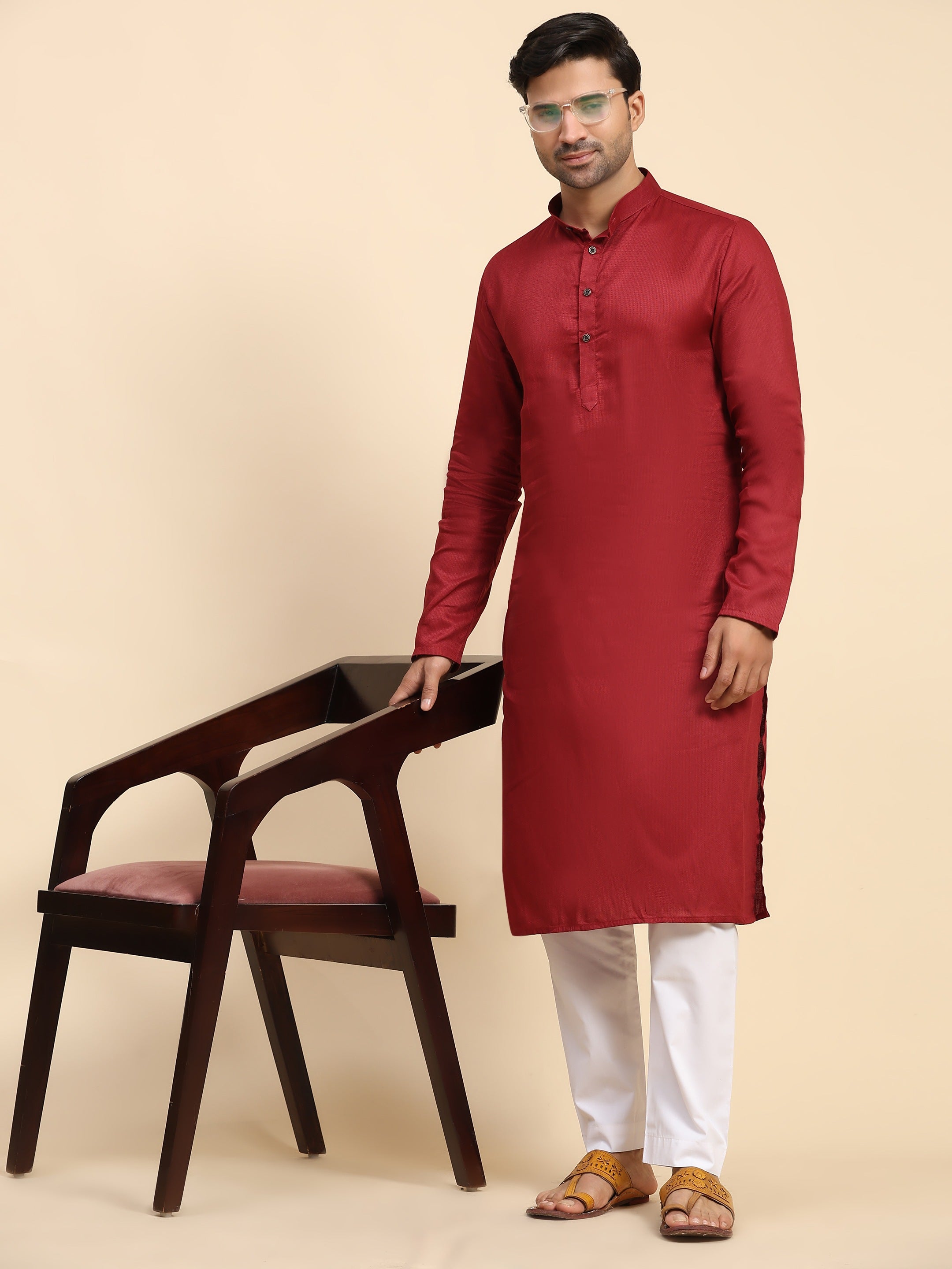 Men's Maroon Cotton Woven Kurta Pajama Set