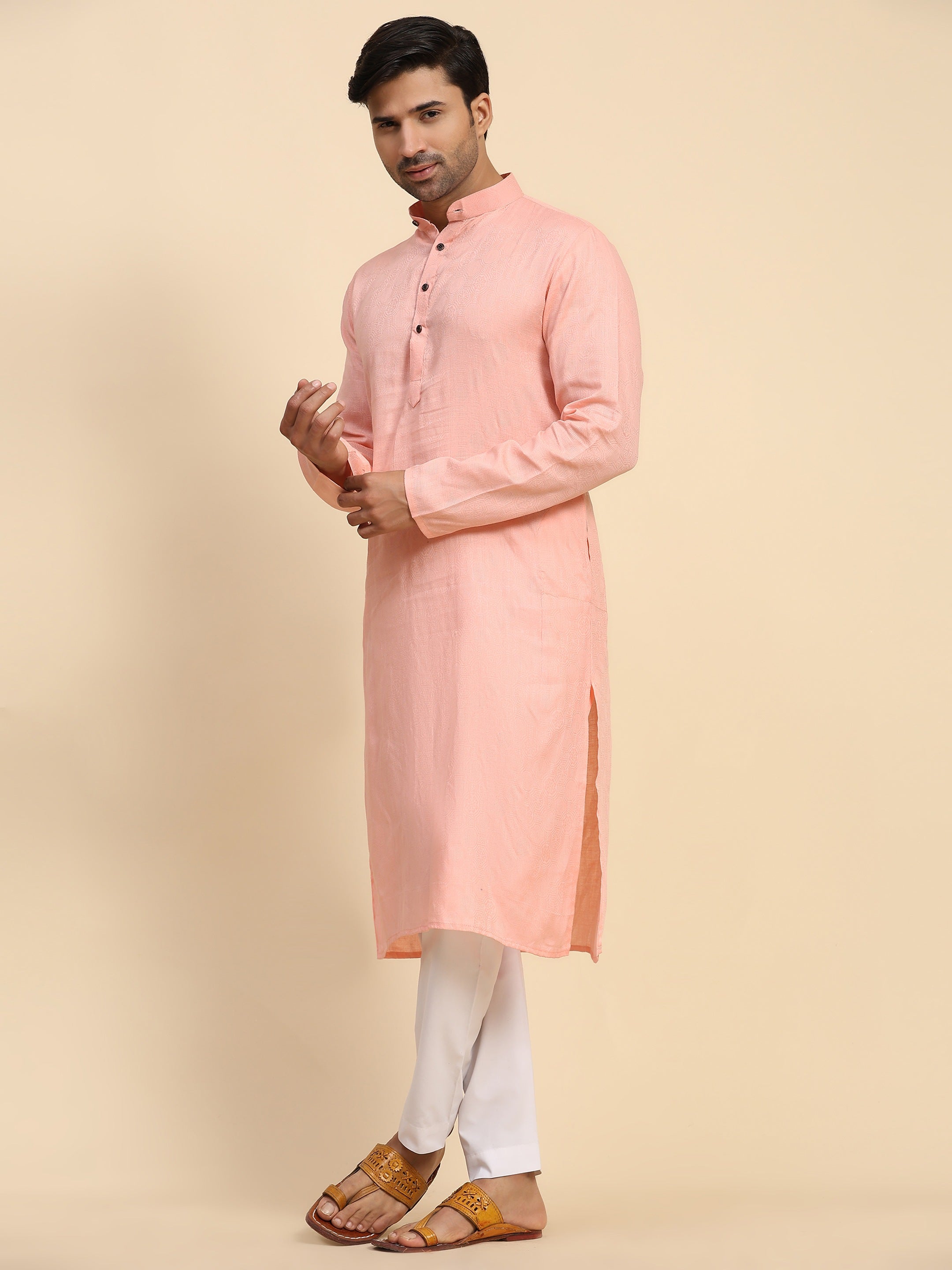 Ensemble pyjama Kurta en coton tissé rose bébé pour homme 