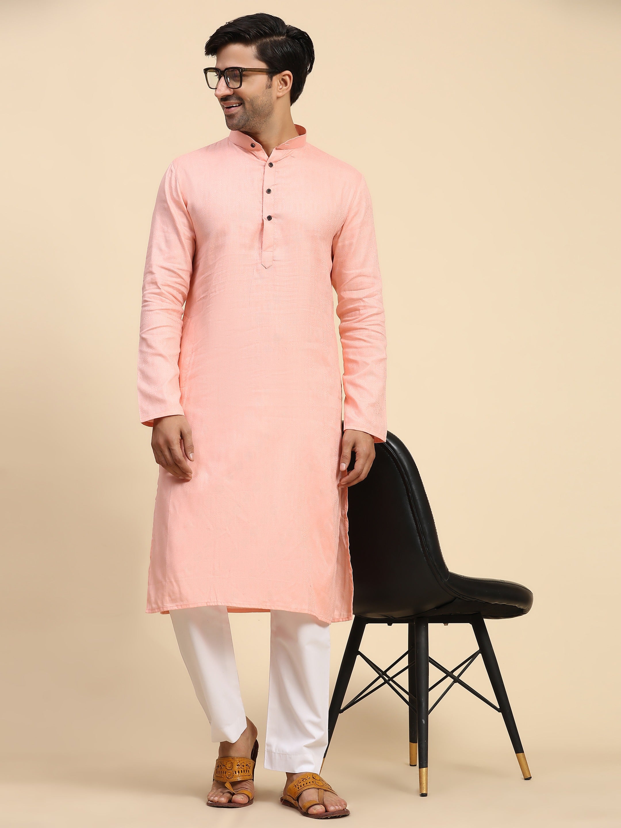 Ensemble pyjama Kurta en coton tissé rose bébé pour homme 