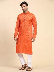 Ensemble de pyjama Kurta tissé en coton orange Bhagva pour hommes 