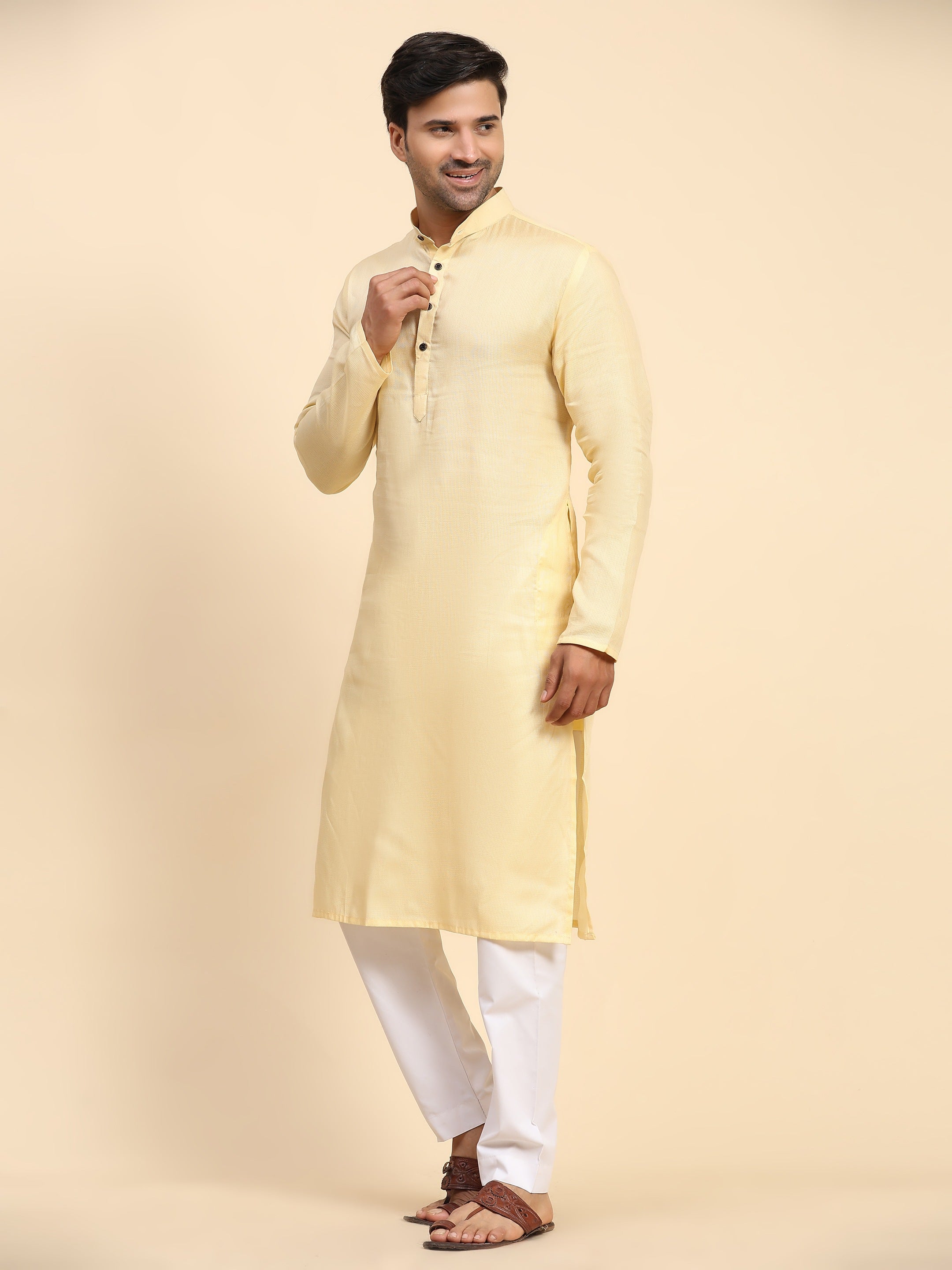 Men's Creamish Yellow Pure Cotton Woven Kurta Pajama Set