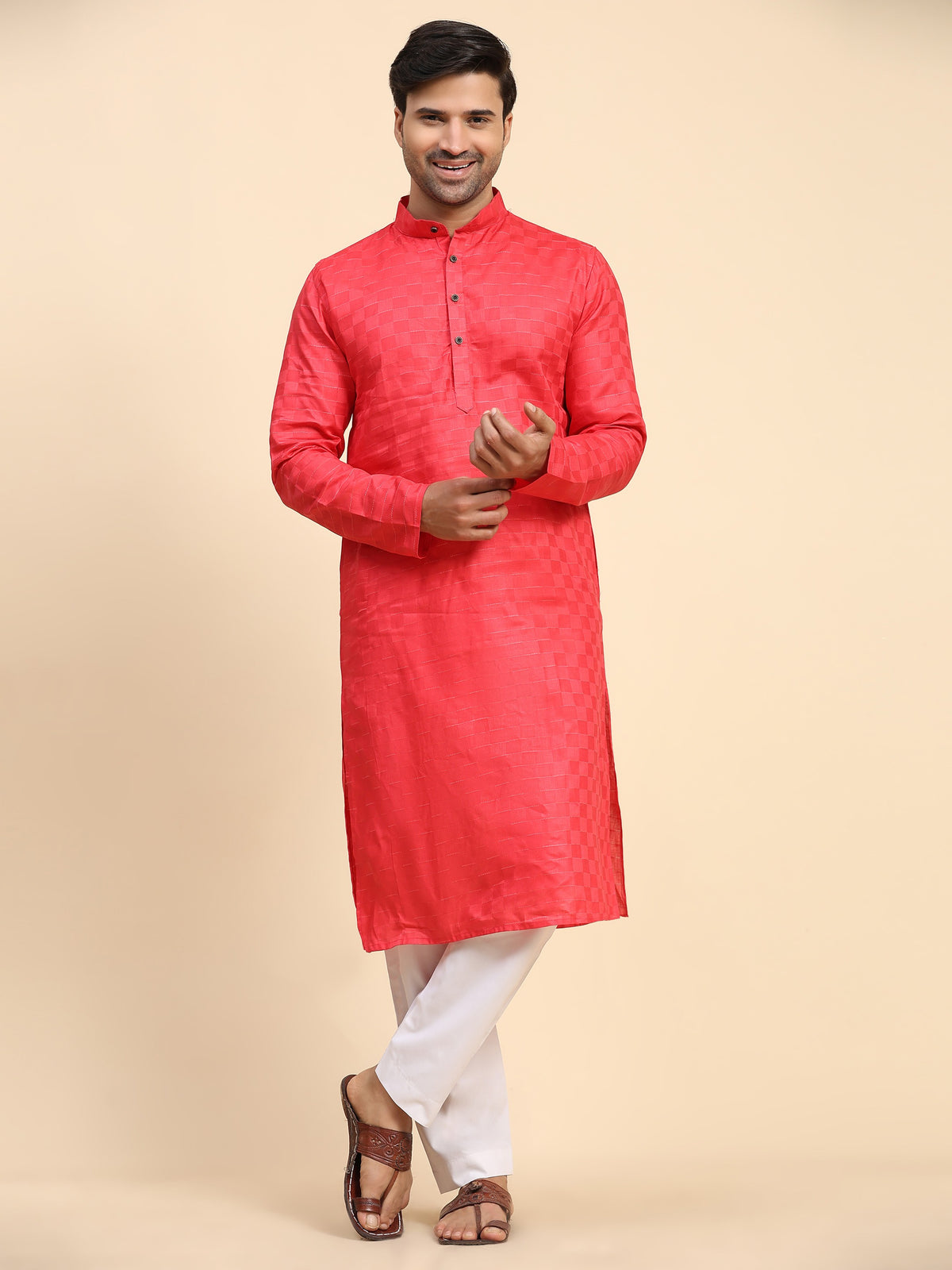 Men's Pinkish Red Pure Cotton Full Weaved Kurta Pajama Set