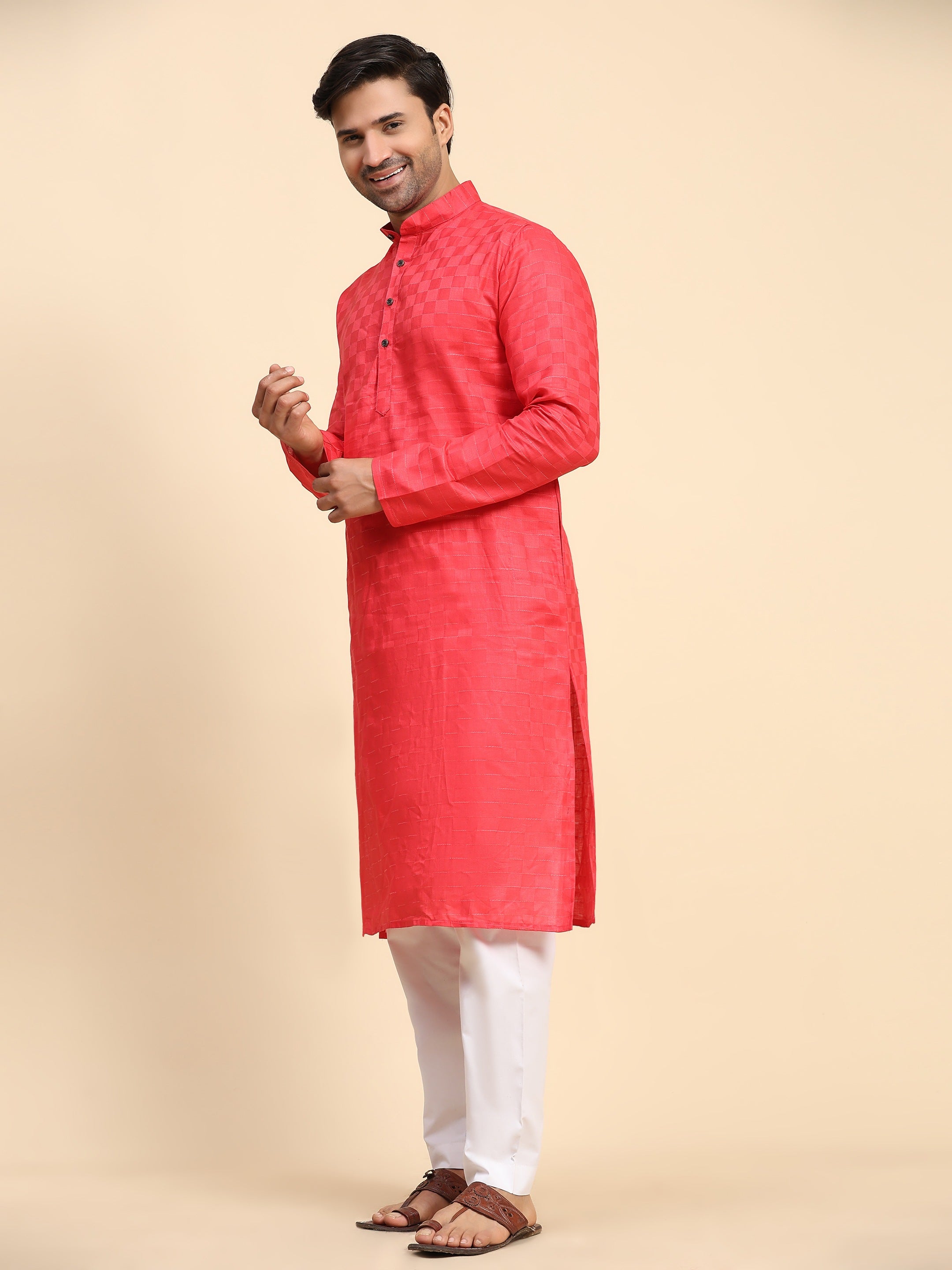 Men's Pinkish Red Pure Cotton Full Weaved Kurta Pajama Set