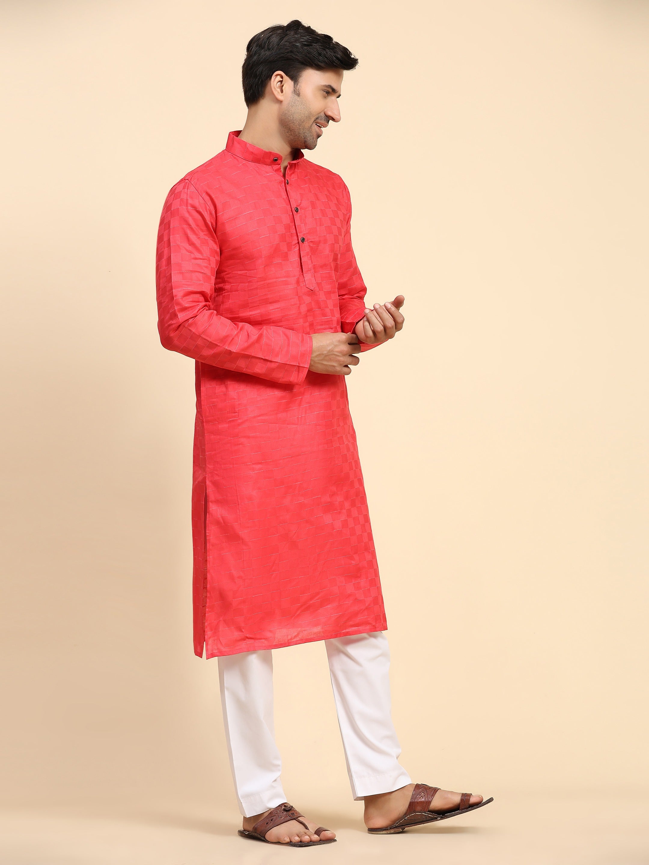 Men's Pinkish Red Pure Cotton Full Weaved Kurta Pajama Set